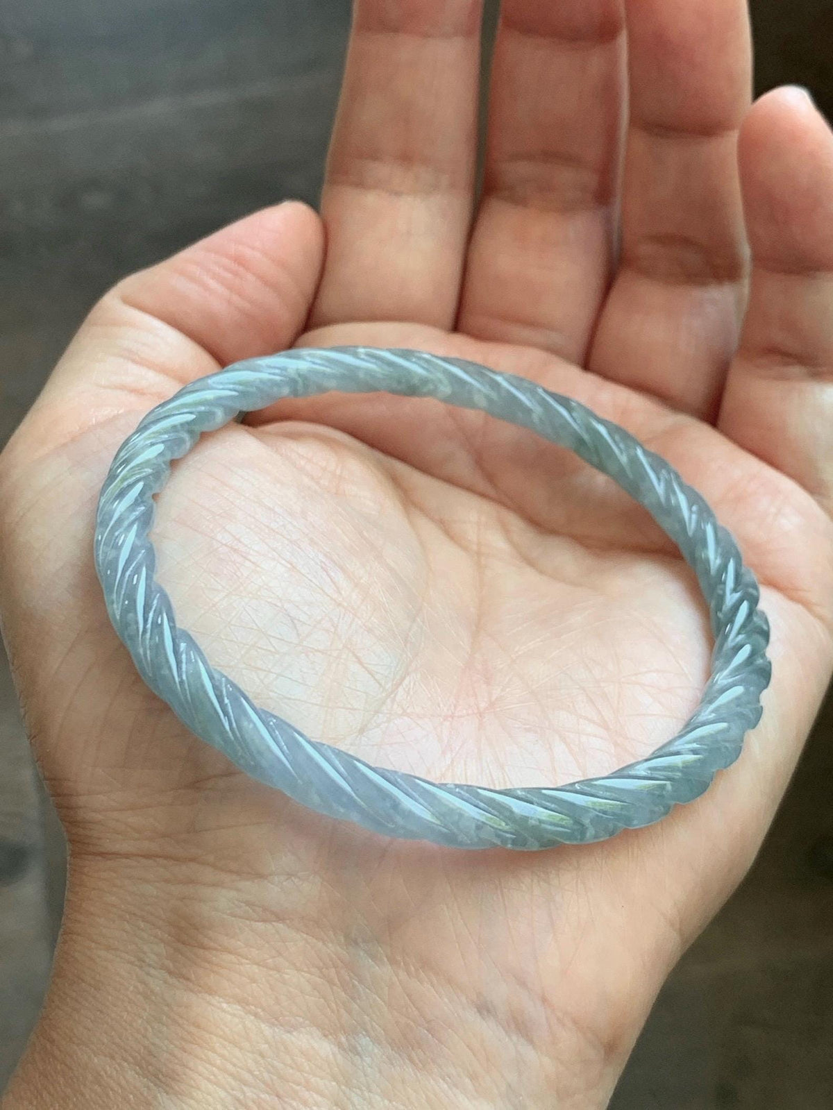 Certified Natural Grade A Guatemalan Icy Translucent Pastel Dusty Blue Jade Jadeite Carved Braid Slim Bangle 58.6mm 7.25” 天然冰危浅灰蓝翡翠细麻花手镯 195