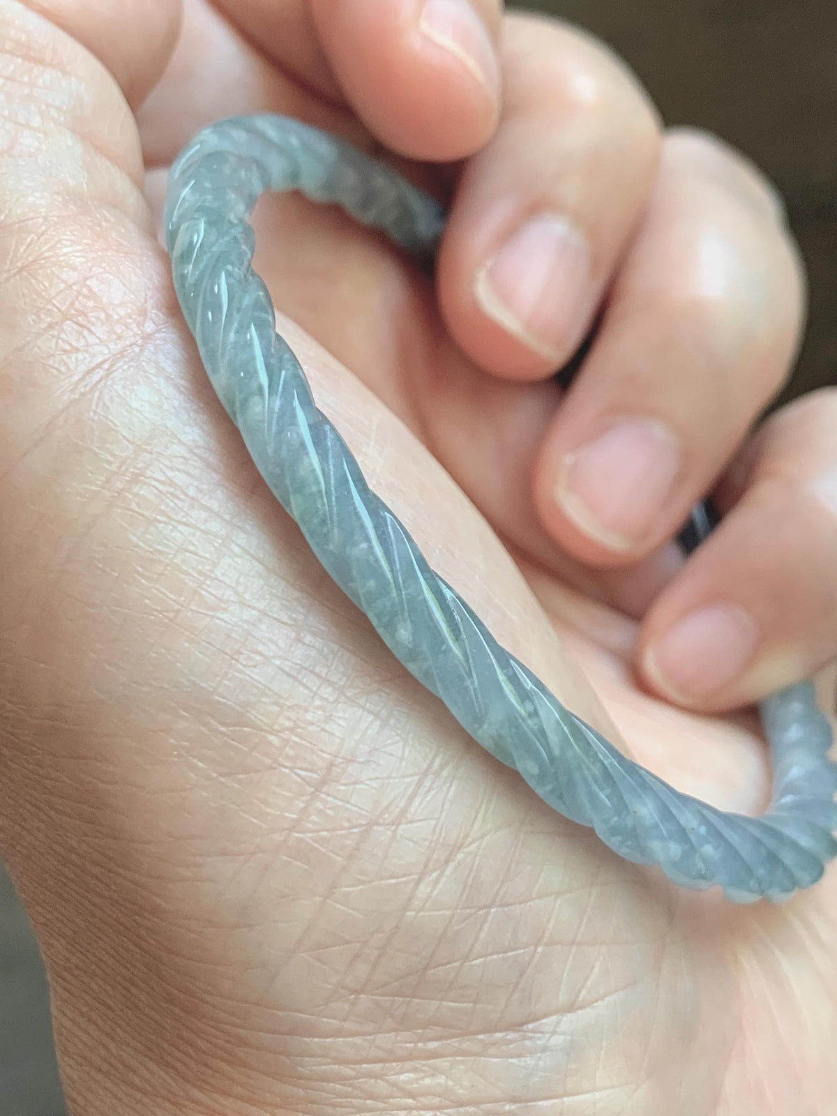 Certified Natural Grade A Guatemalan Icy Translucent Pastel Dusty Blue Jade Jadeite Carved Braid Slim Bangle 58.6mm 7.25” 天然冰危浅灰蓝翡翠细麻花手镯 195