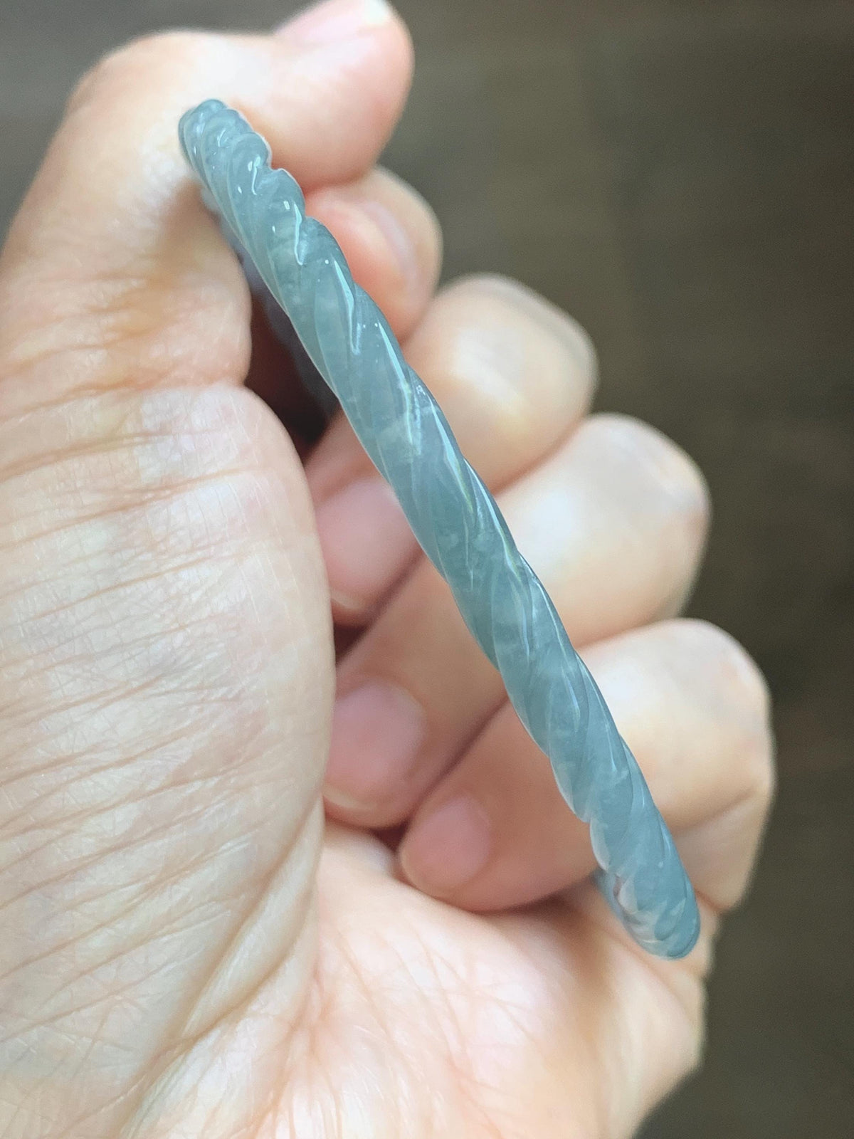 Certified Natural Grade A Guatemalan Icy Translucent Pastel Dusty Blue Jade Jadeite Carved Braid Slim Bangle 58.6mm 7.25” 天然冰危浅灰蓝翡翠细麻花手镯 195