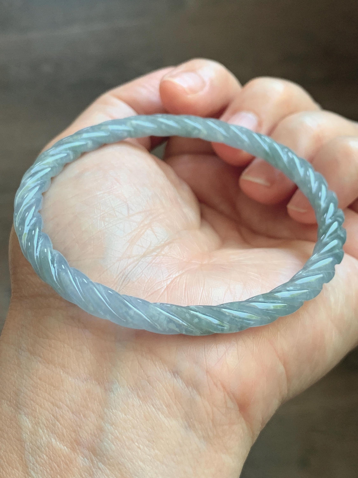 Certified Natural Grade A Guatemalan Icy Translucent Pastel Dusty Blue Jade Jadeite Carved Braid Slim Bangle 58.6mm 7.25” 天然冰危浅灰蓝翡翠细麻花手镯 195