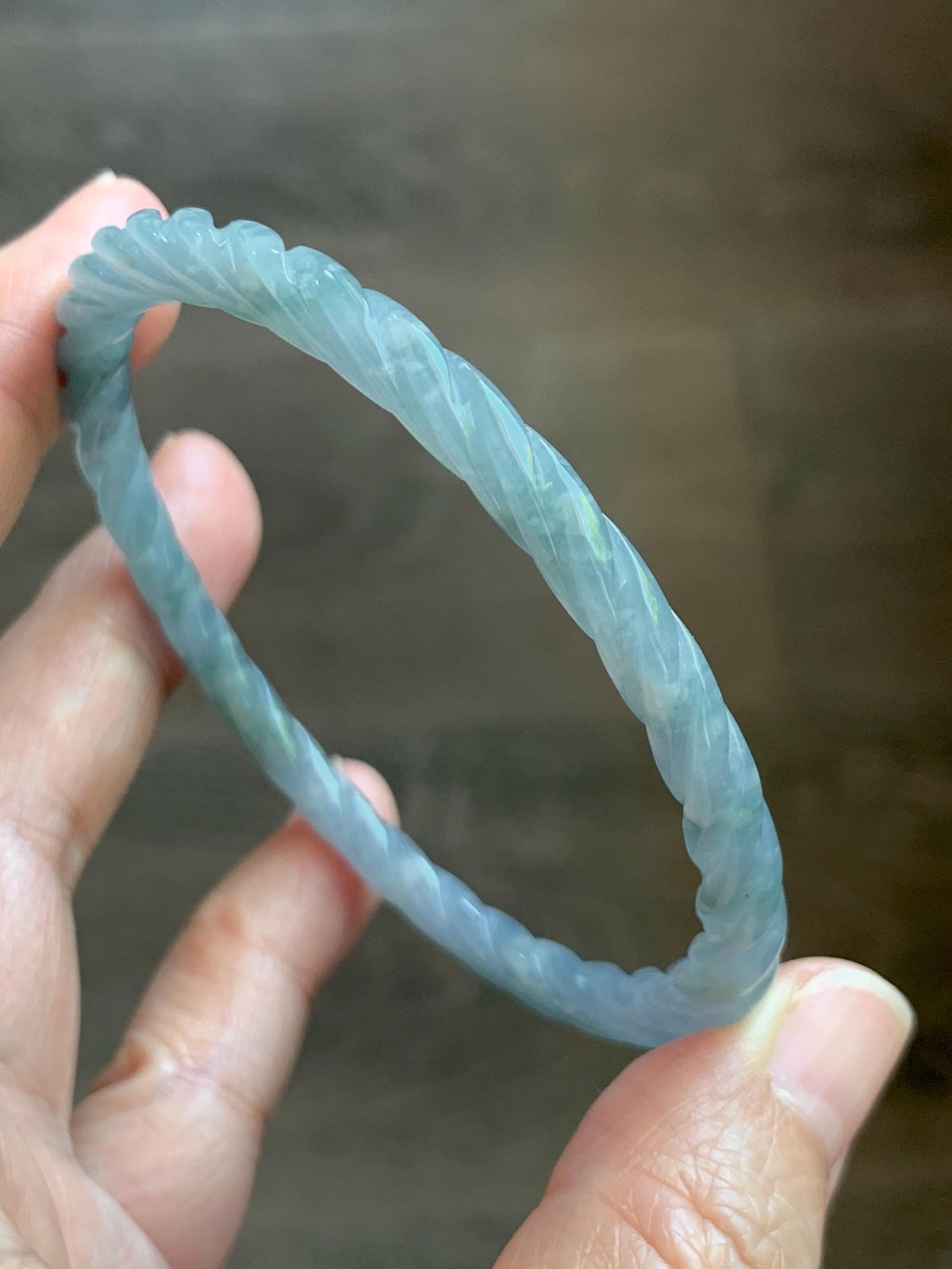 Certified Natural Grade A Guatemalan Icy Translucent Pastel Dusty Blue Jade Jadeite Carved Braid Slim Bangle 58.6mm 7.25” 天然冰危浅灰蓝翡翠细麻花手镯 195