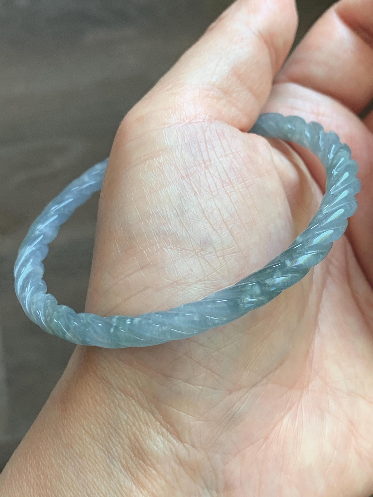 Certified Natural Grade A Guatemalan Icy Translucent Pastel Dusty Blue Jade Jadeite Carved Braid Slim Bangle 58.6mm 7.25” 天然冰危浅灰蓝翡翠细麻花手镯 195