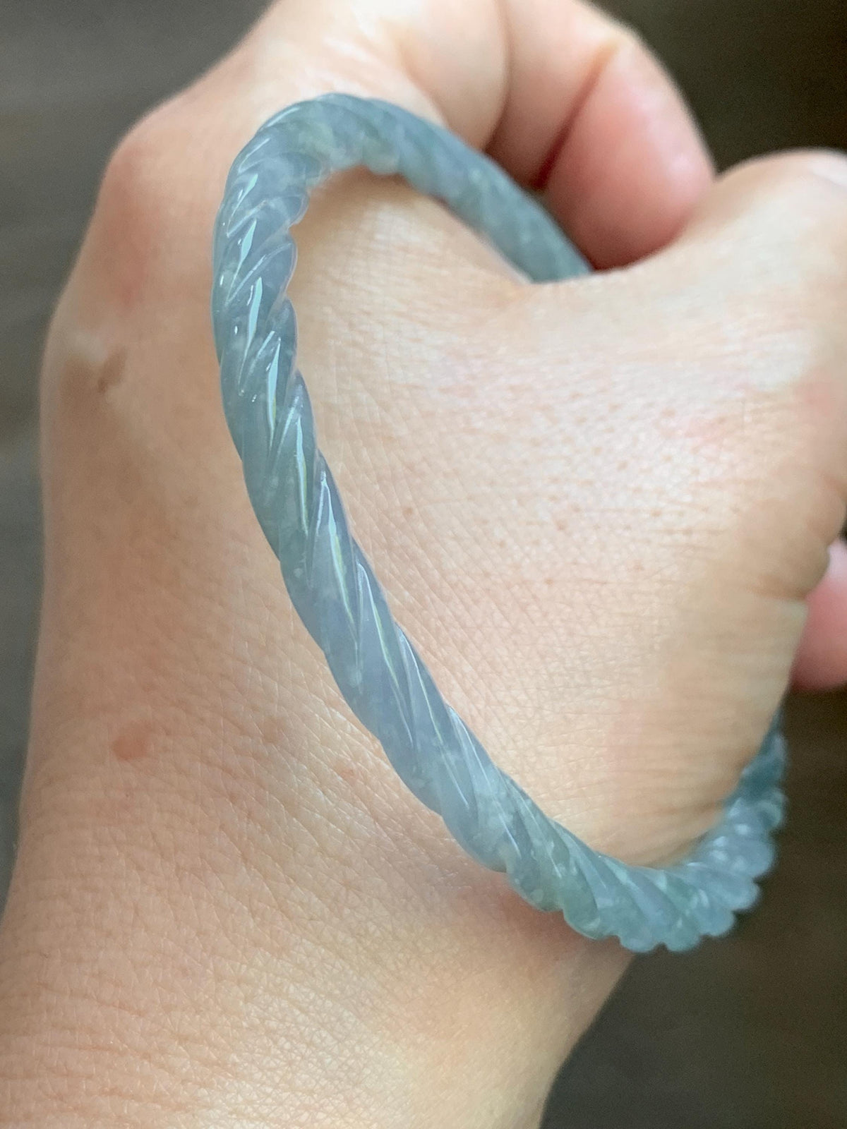 Certified Natural Grade A Guatemalan Icy Translucent Pastel Dusty Blue Jade Jadeite Carved Braid Slim Bangle 58.6mm 7.25” 天然冰危浅灰蓝翡翠细麻花手镯 195