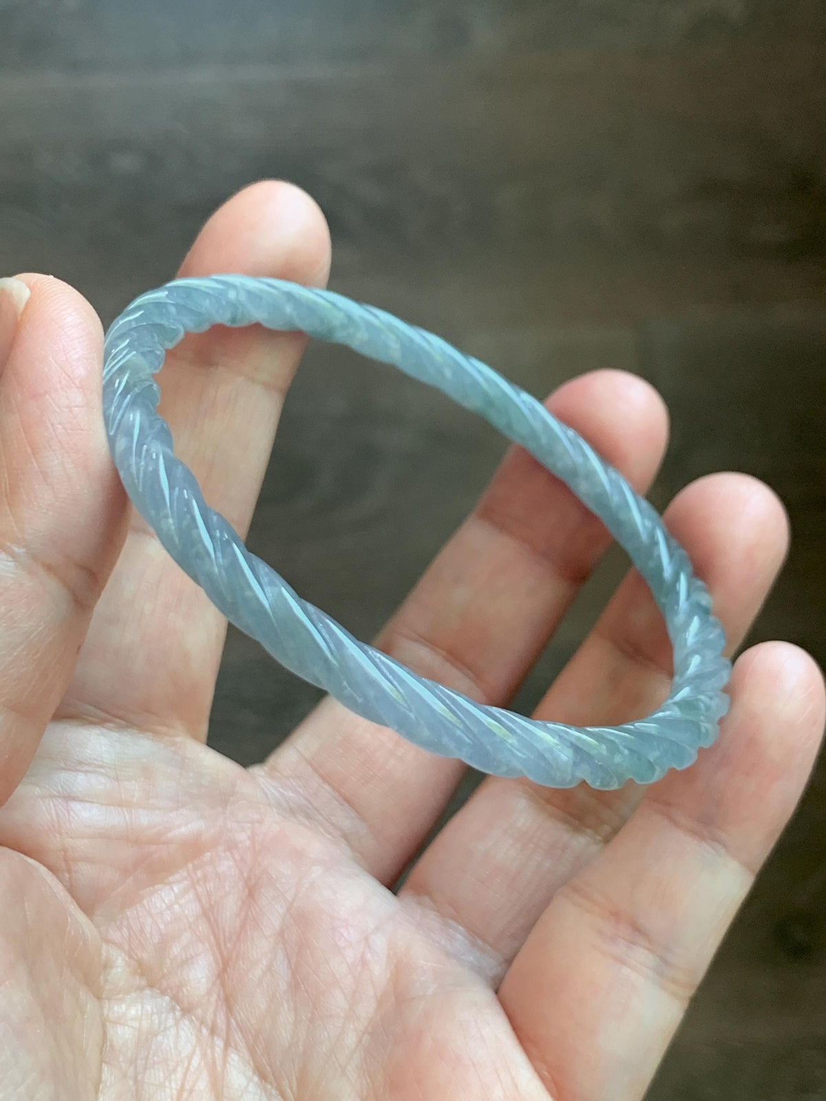 Certified Natural Grade A Guatemalan Icy Translucent Pastel Dusty Blue Jade Jadeite Carved Braid Slim Bangle 58.6mm 7.25” 天然冰危浅灰蓝翡翠细麻花手镯 195