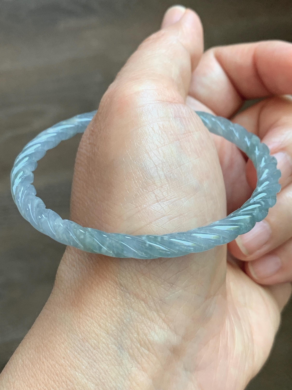 Certified Natural Grade A Guatemalan Icy Translucent Pastel Dusty Blue Jade Jadeite Carved Braid Slim Bangle 58.6mm 7.25” 天然冰危浅灰蓝翡翠细麻花手镯 195