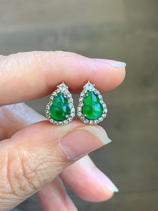 Natural Grade A Guatemalan Icy Translucent Vibrant Green Jade Jadeite Gourd Hulu Hoop Huggie Earrings Sterling Silver 天然冰危绿翡翠葫芦银镶耳包 WDH110B