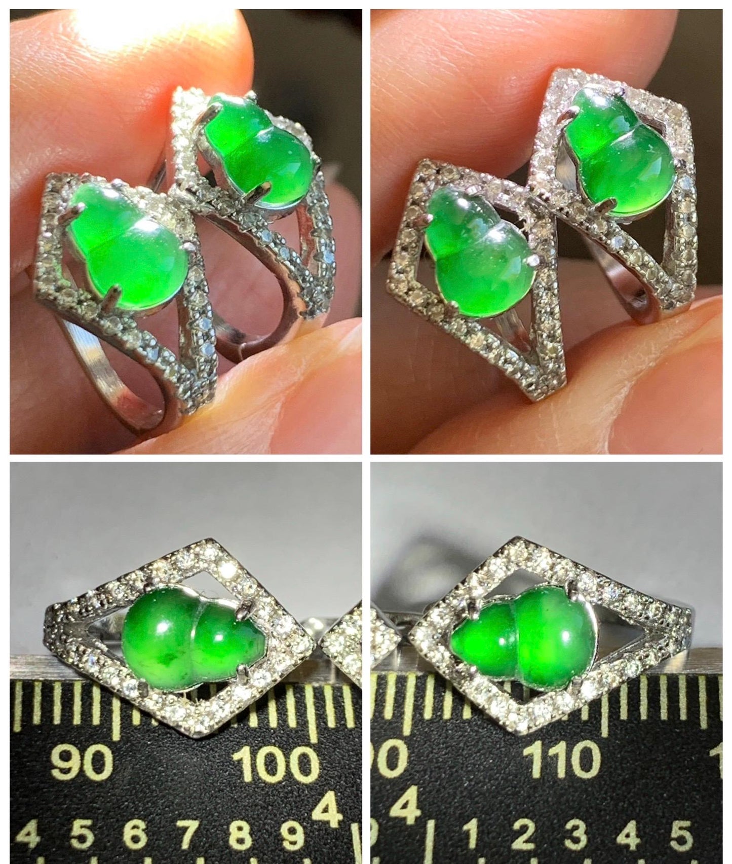 Natural Grade A Guatemalan Icy Translucent Vibrant Green Jade Jadeite Gourd Hulu Hoop Huggie Earrings Sterling Silver 天然冰危绿翡翠葫芦银镶耳包 WDH110B