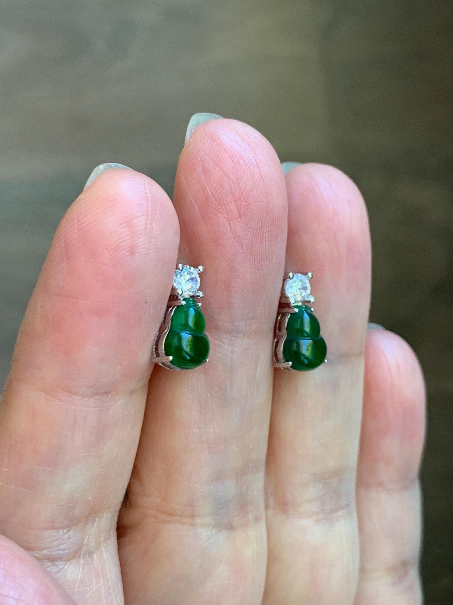 Natural Guatemalan Grade A Icy Translucent Green Jade Jadeite Gourd Hulu Stud Earrings Sterling Silver 天然冰危绿翡翠葫芦银镶耳钉 HUT79