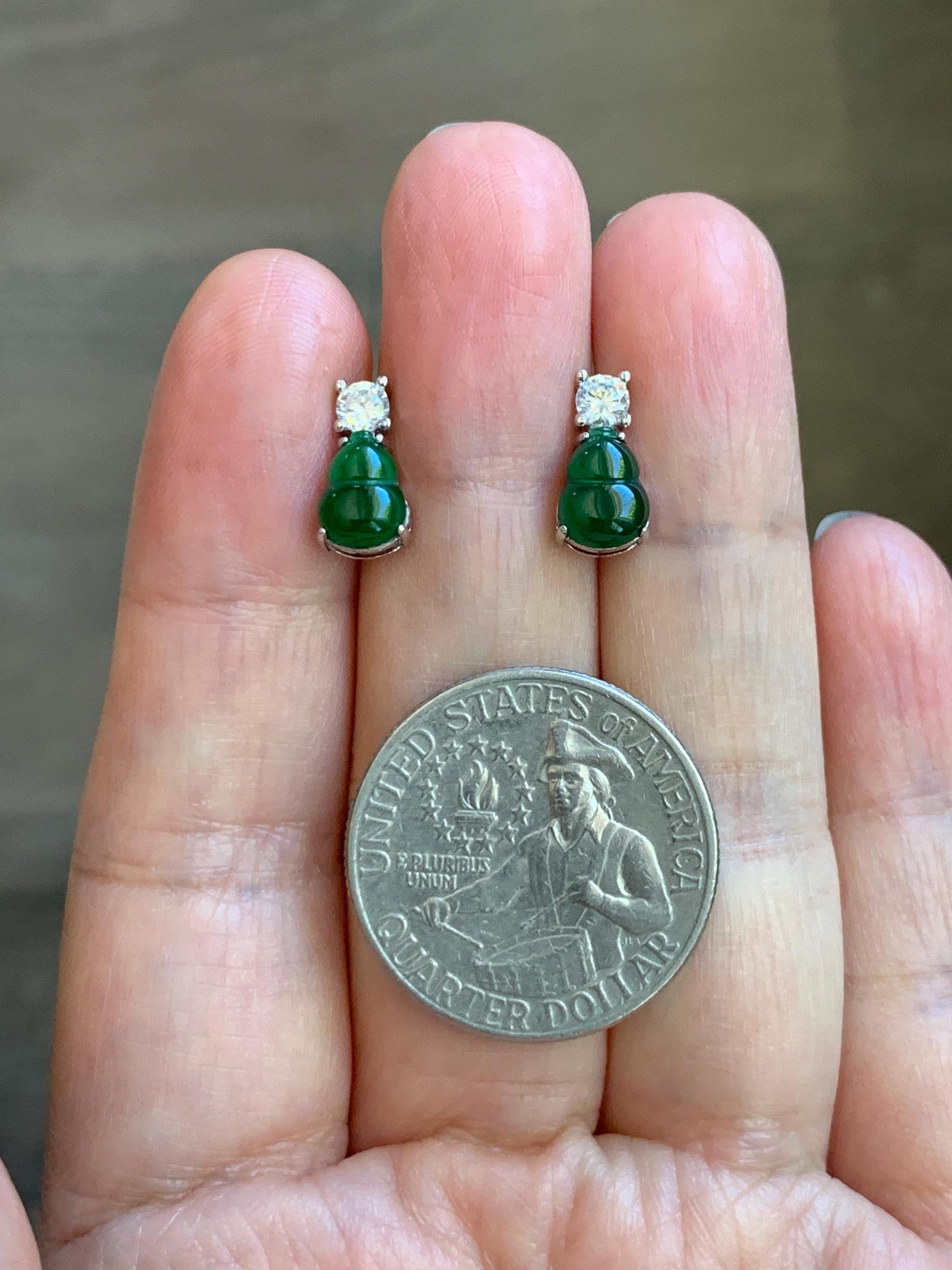 Natural Guatemalan Grade A Icy Translucent Green Jade Jadeite Gourd Hulu Stud Earrings Sterling Silver 天然冰危绿翡翠葫芦银镶耳钉 HUT79