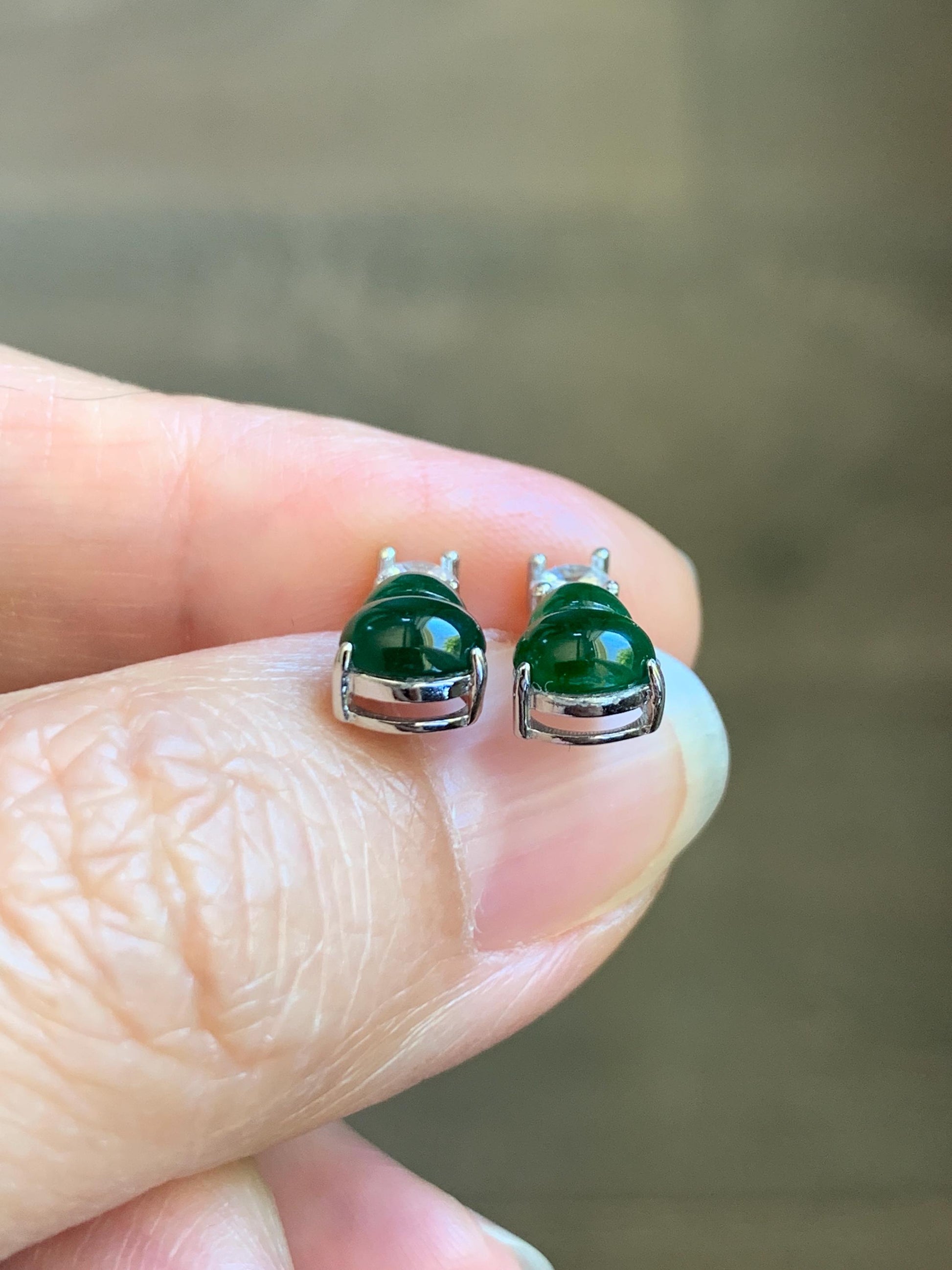 Natural Guatemalan Grade A Icy Translucent Green Jade Jadeite Gourd Hulu Stud Earrings Sterling Silver 天然冰危绿翡翠葫芦银镶耳钉 HUT79