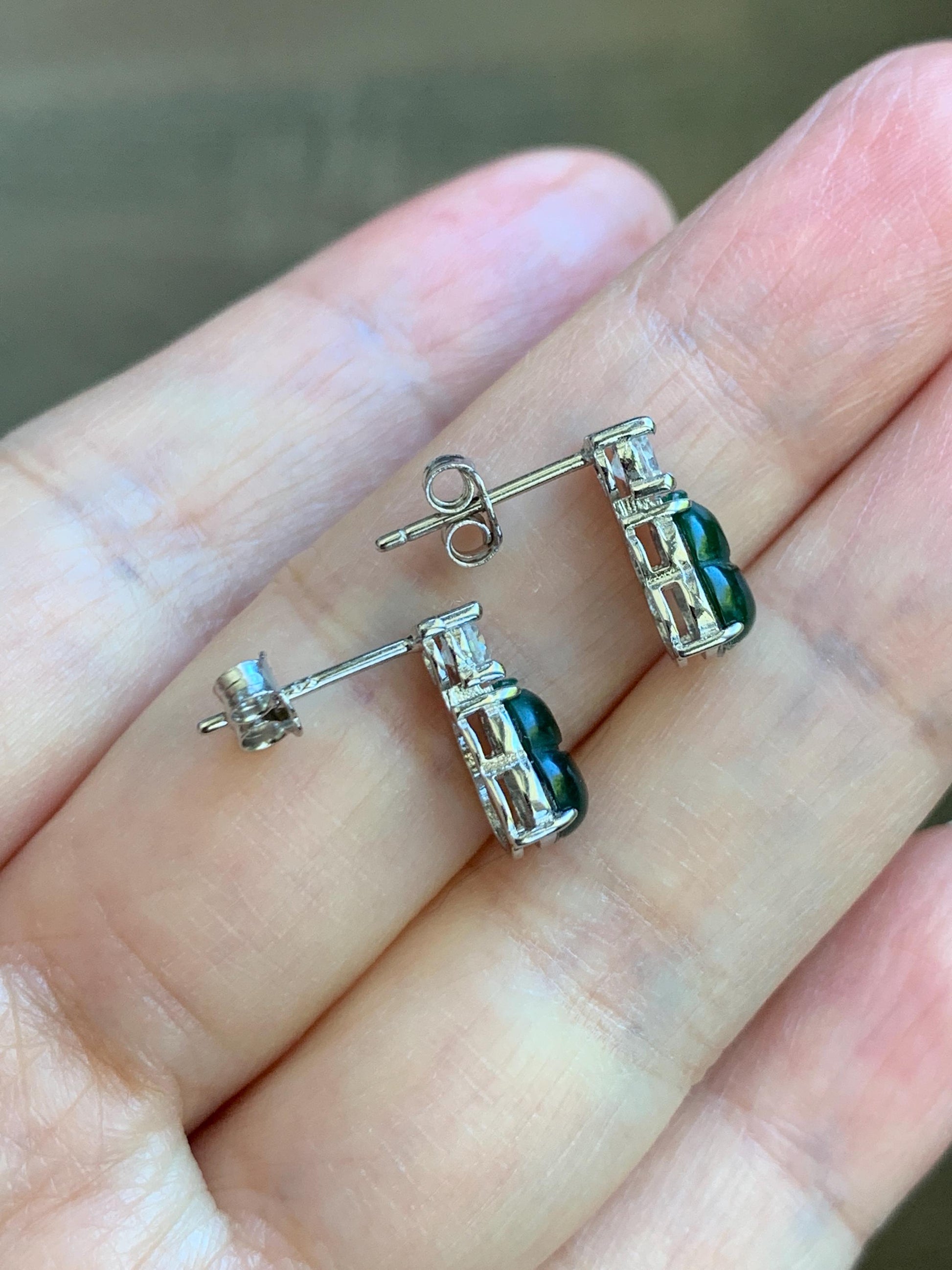 Natural Guatemalan Grade A Icy Translucent Green Jade Jadeite Gourd Hulu Stud Earrings Sterling Silver 天然冰危绿翡翠葫芦银镶耳钉 HUT79