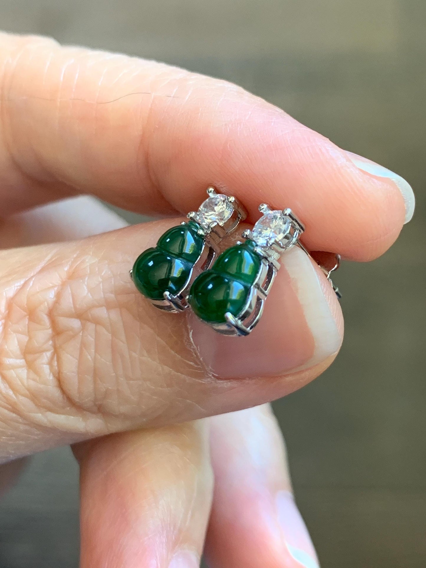 Natural Guatemalan Grade A Icy Translucent Green Jade Jadeite Gourd Hulu Stud Earrings Sterling Silver 天然冰危绿翡翠葫芦银镶耳钉 HUT79