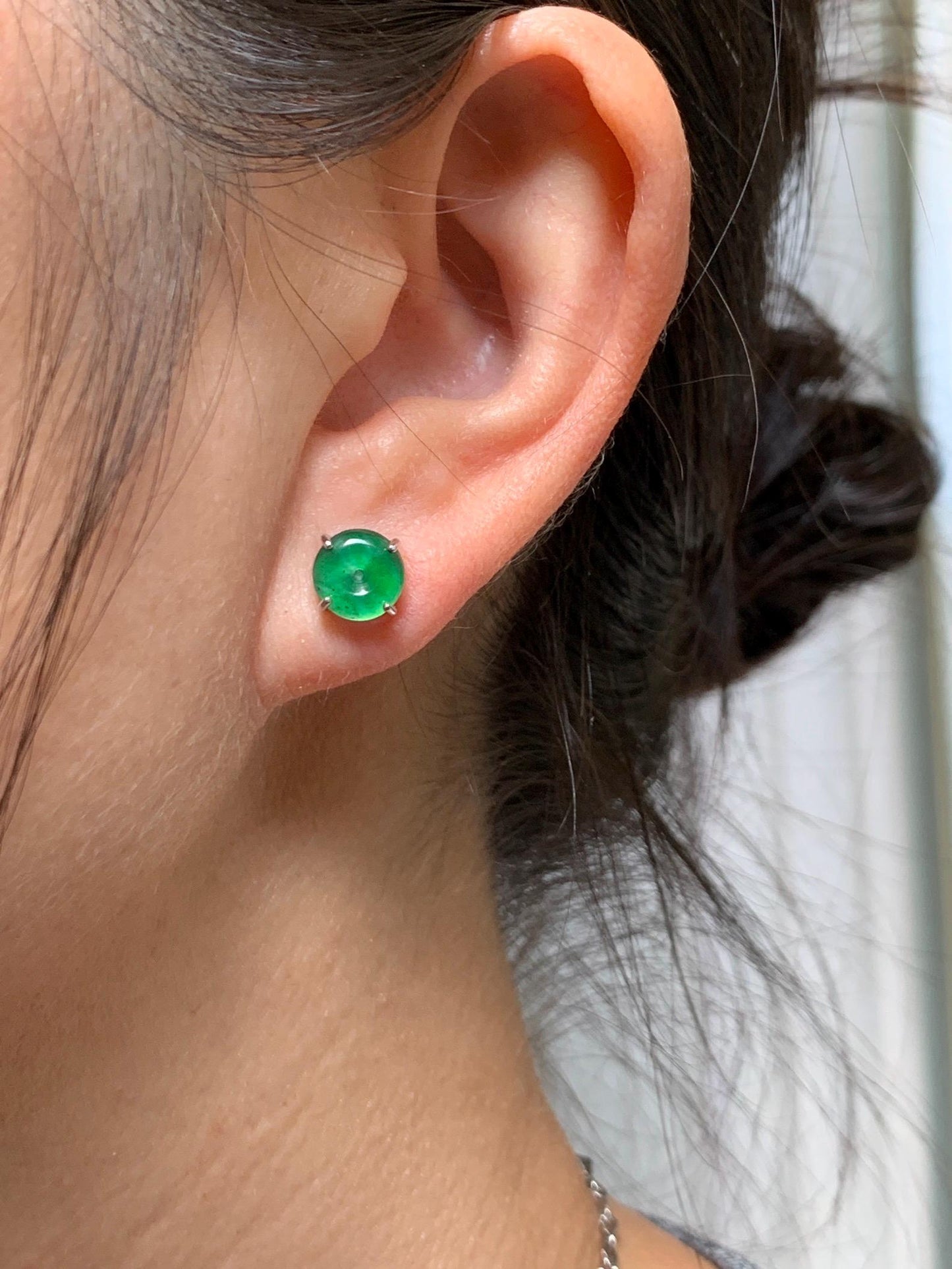 Natural Grade A Guatemalan Icy Translucent Vibrant Green Jade Jadeite Mini Ping An Kou Donut Earrings Sterling Silver 天然冰危绿翡翠平安扣耳钉 WLK100