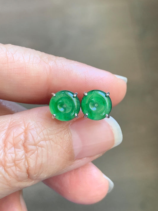 Natural Grade A Guatemalan Icy Translucent Vibrant Green Jade Jadeite Mini Ping An Kou Donut Earrings Sterling Silver 天然冰危绿翡翠平安扣耳钉 WLK100