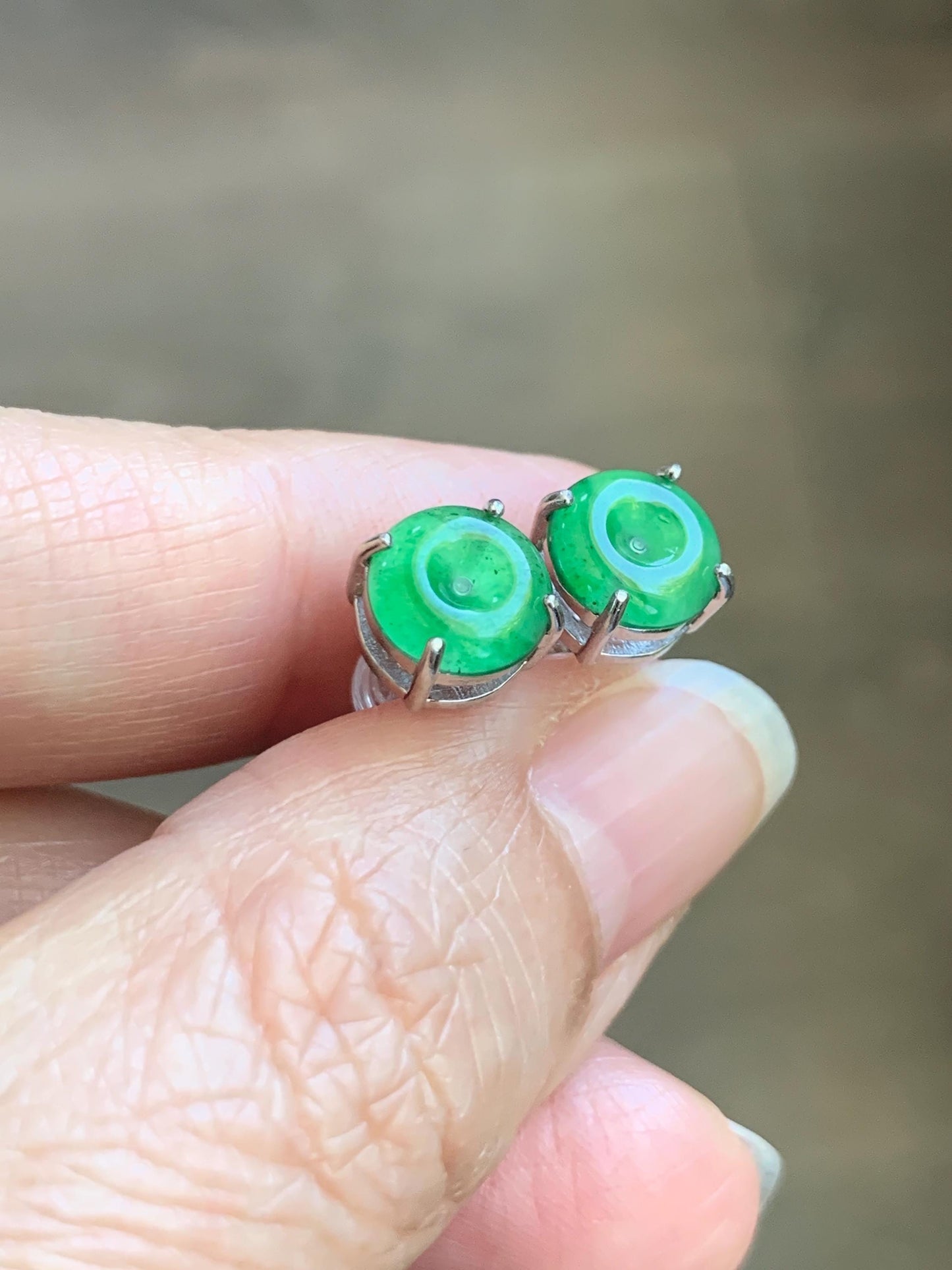 Natural Grade A Guatemalan Icy Translucent Vibrant Green Jade Jadeite Mini Ping An Kou Donut Earrings Sterling Silver 天然冰危绿翡翠平安扣耳钉 WLK100