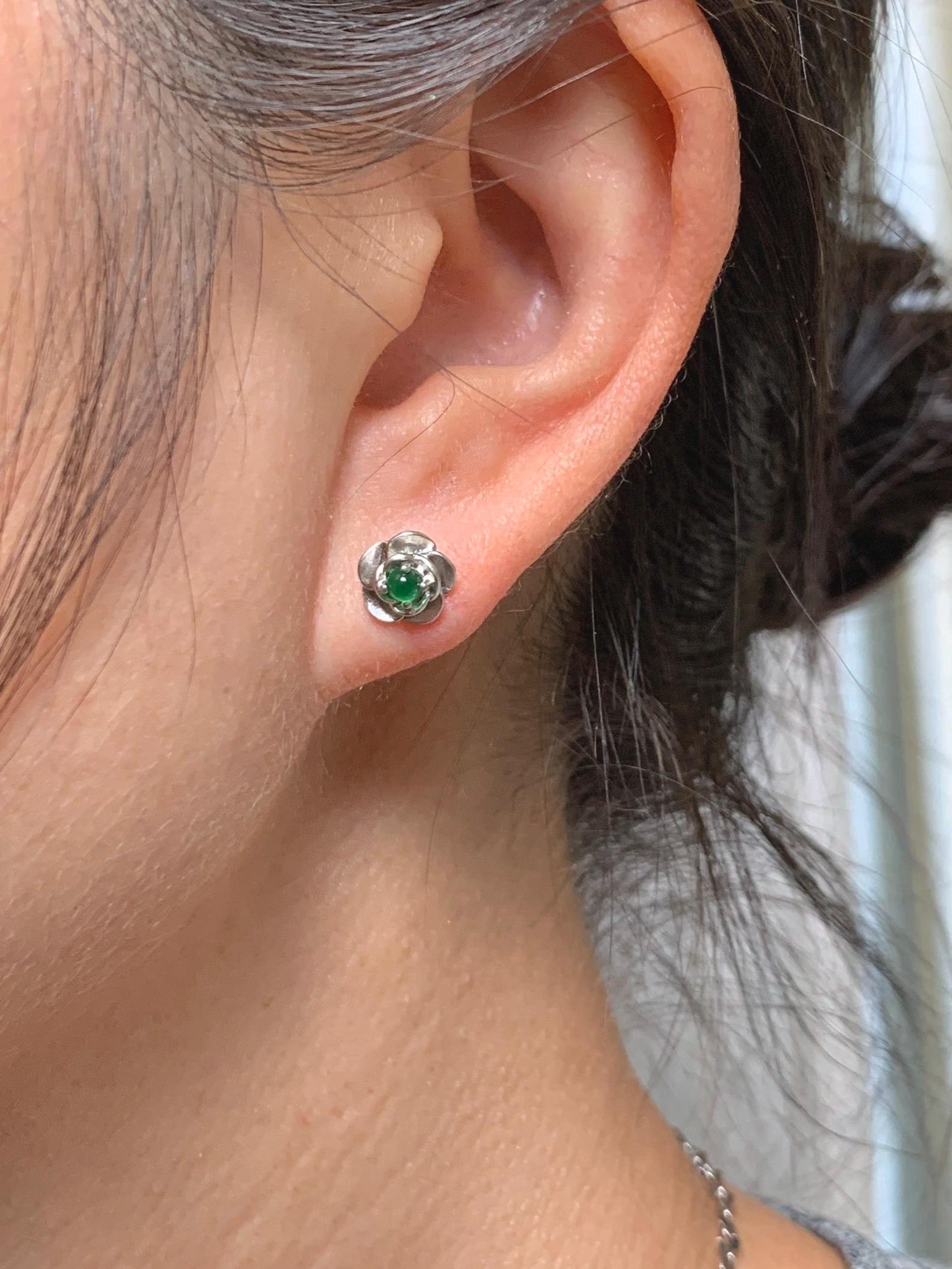 Petite Natural Grade A Guatemalan Icy Highly Translucent Vibrant Green Jade Jadeite Flower Stud Earrings Sterling Silver 天然冰危绿翡翠花银耳钉 XJH58Y