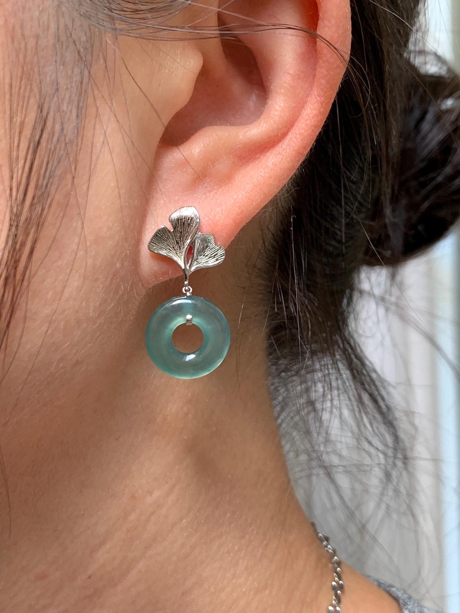 Natural Grade A Guatemalan Icy Teal Green Jade Jadeite Ping An Kou Donut Ginkgo Leaf Earrings Sterling Silver 天然冰危蓝绿翡翠平安扣银杏叶耳钉 WQK110