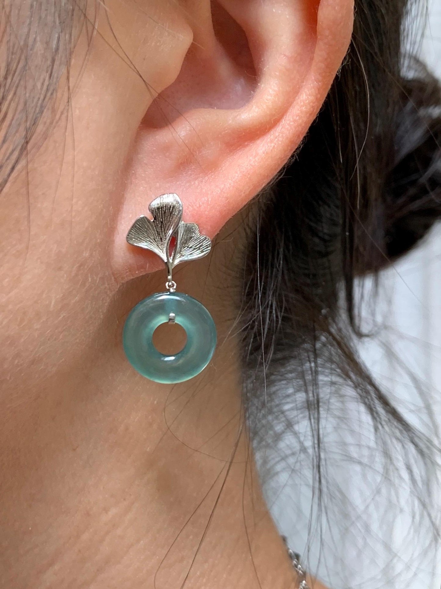 Natural Grade A Guatemalan Icy Teal Green Jade Jadeite Ping An Kou Donut Ginkgo Leaf Earrings Sterling Silver 天然冰危蓝绿翡翠平安扣银杏叶耳钉 WQK110