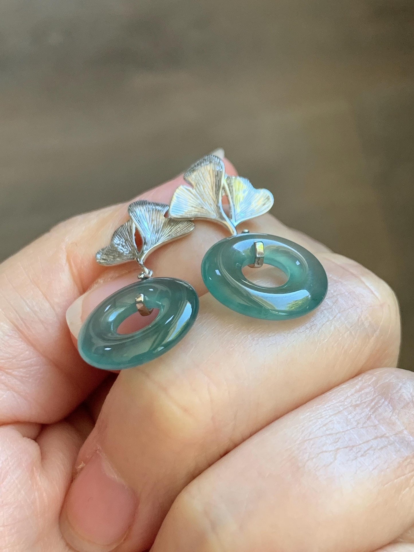 Natural Grade A Guatemalan Icy Teal Green Jade Jadeite Ping An Kou Donut Ginkgo Leaf Earrings Sterling Silver 天然冰危蓝绿翡翠平安扣银杏叶耳钉 WQK110