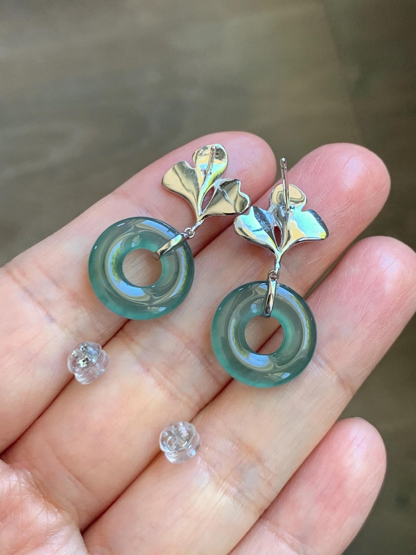 Natural Grade A Guatemalan Icy Teal Green Jade Jadeite Ping An Kou Donut Ginkgo Leaf Earrings Sterling Silver 天然冰危蓝绿翡翠平安扣银杏叶耳钉 WQK110