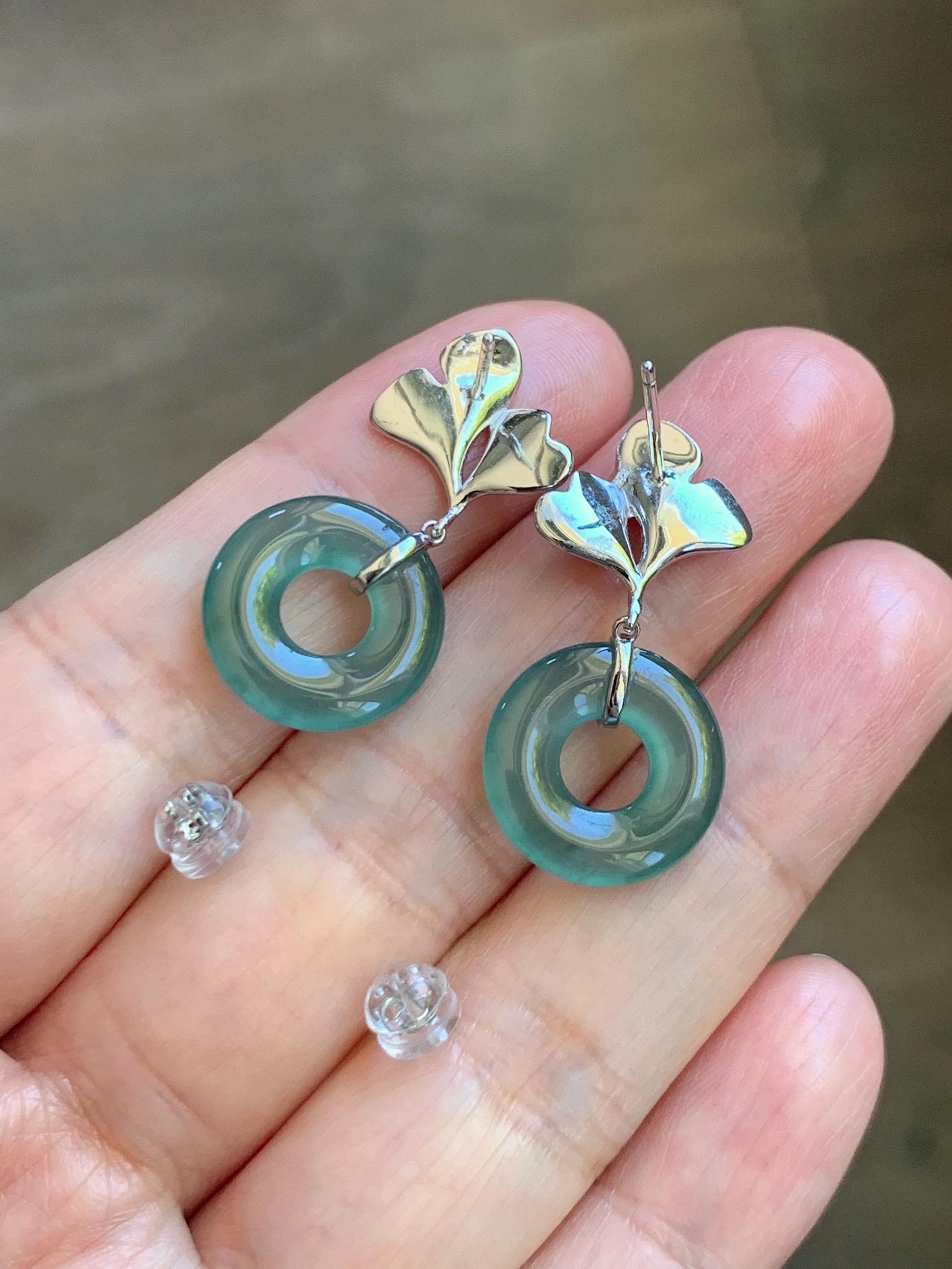 Natural Grade A Guatemalan Icy Teal Green Jade Jadeite Ping An Kou Donut Ginkgo Leaf Earrings Sterling Silver 天然冰危蓝绿翡翠平安扣银杏叶耳钉 WQK110