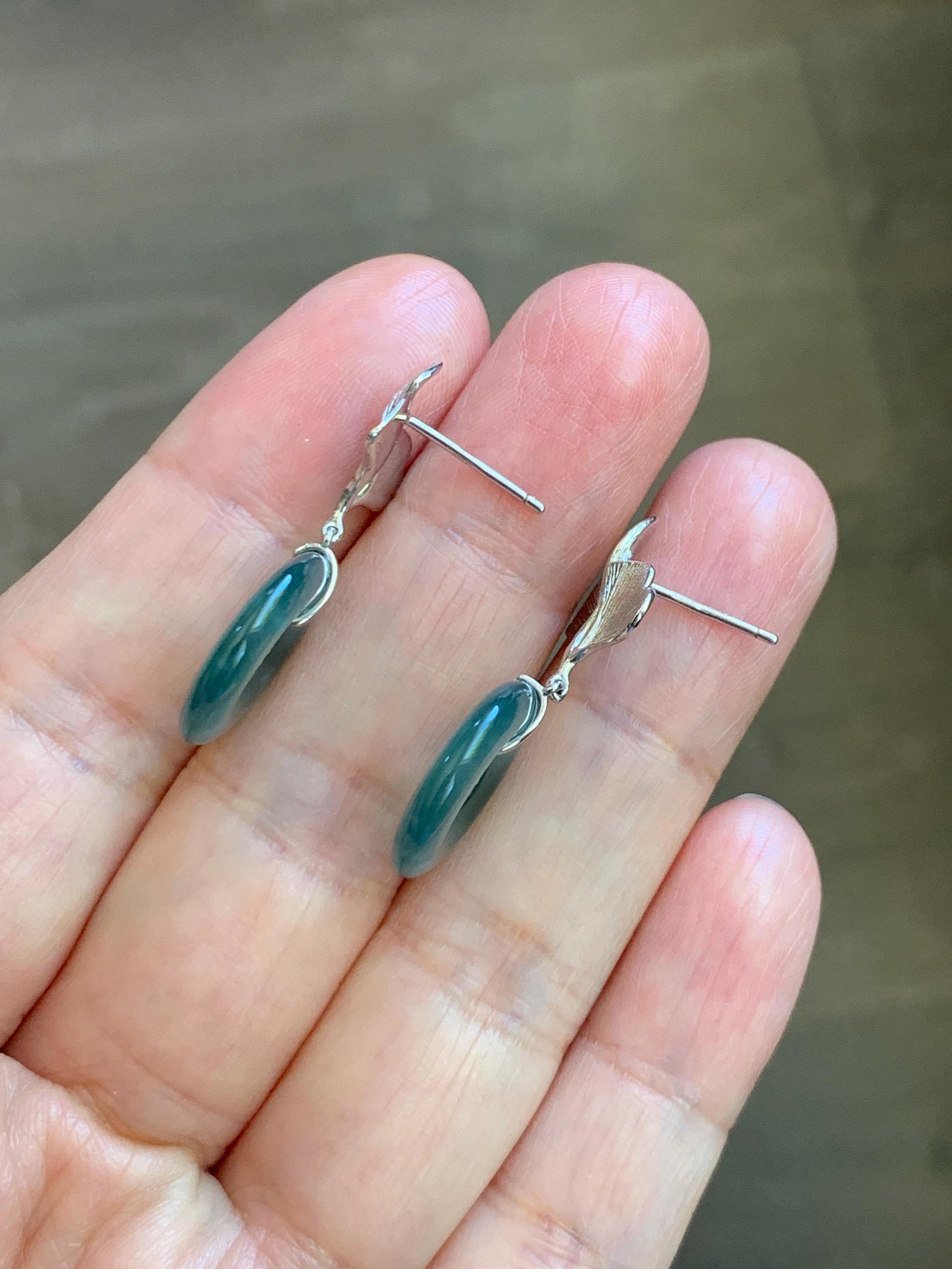 Natural Grade A Guatemalan Icy Teal Green Jade Jadeite Ping An Kou Donut Ginkgo Leaf Earrings Sterling Silver 天然冰危蓝绿翡翠平安扣银杏叶耳钉 WQK110