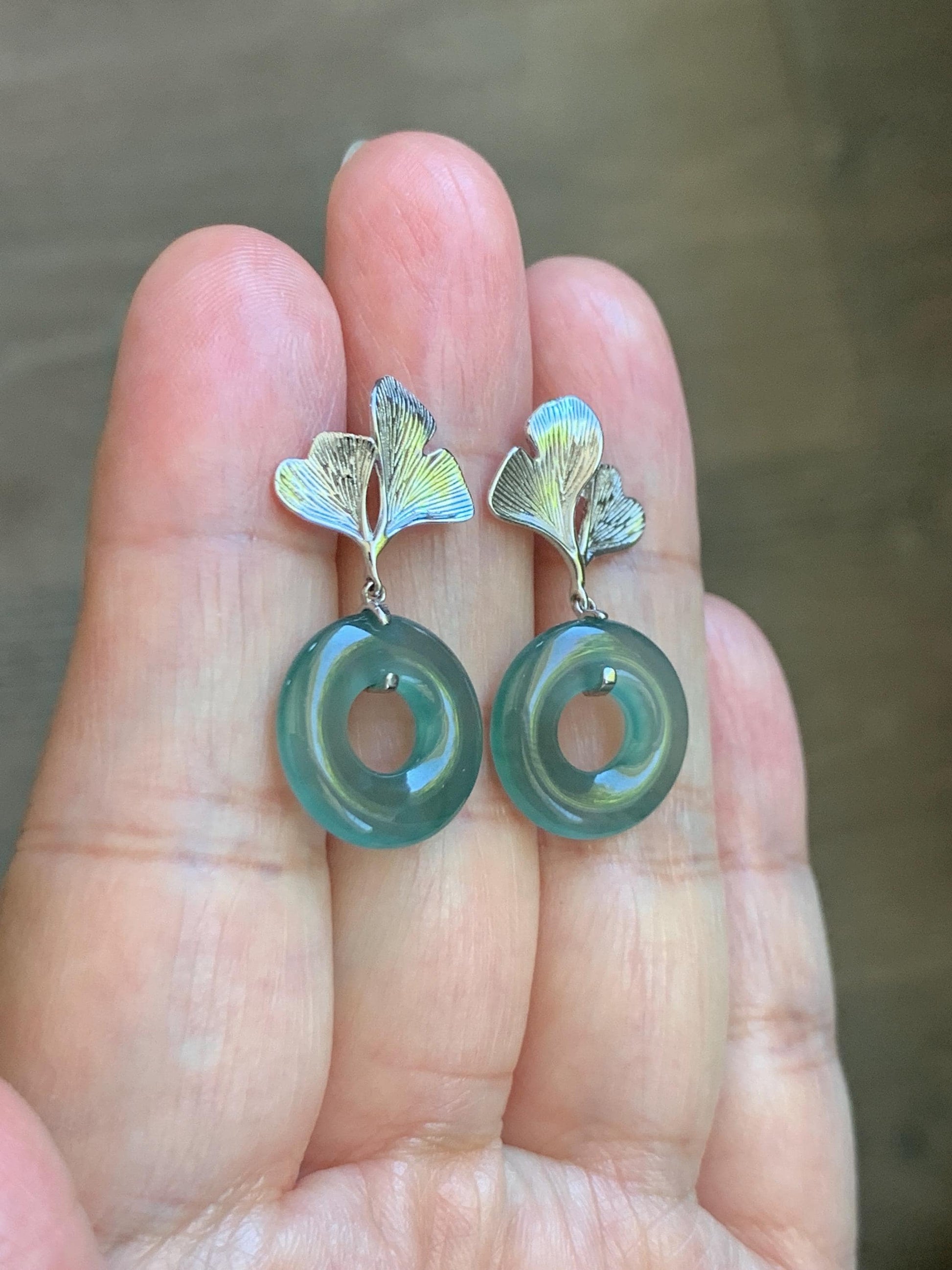 Natural Grade A Guatemalan Icy Teal Green Jade Jadeite Ping An Kou Donut Ginkgo Leaf Earrings Sterling Silver 天然冰危蓝绿翡翠平安扣银杏叶耳钉 WQK110