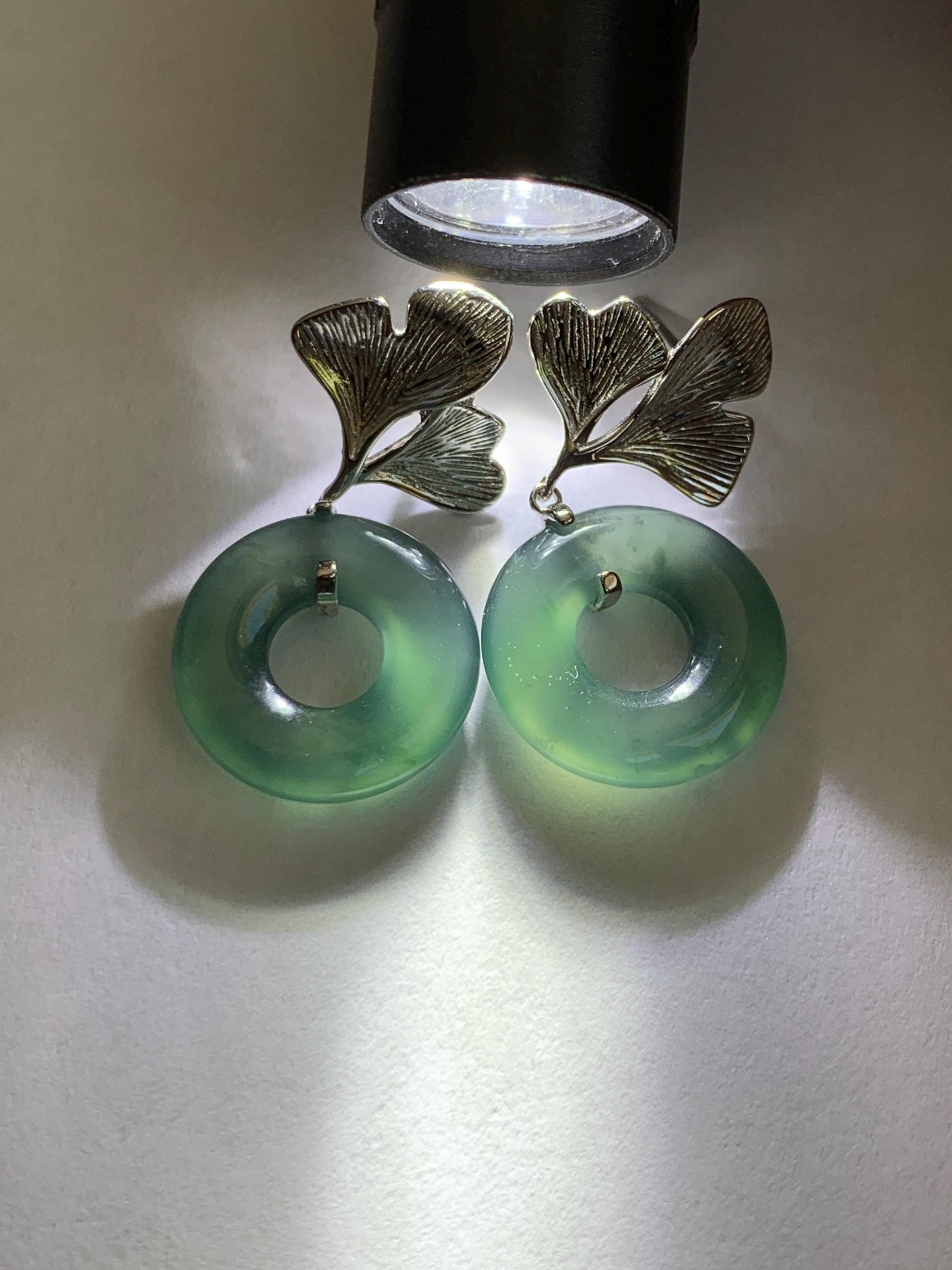 Natural Grade A Guatemalan Icy Teal Green Jade Jadeite Ping An Kou Donut Ginkgo Leaf Earrings Sterling Silver 天然冰危蓝绿翡翠平安扣银杏叶耳钉 WQK110
