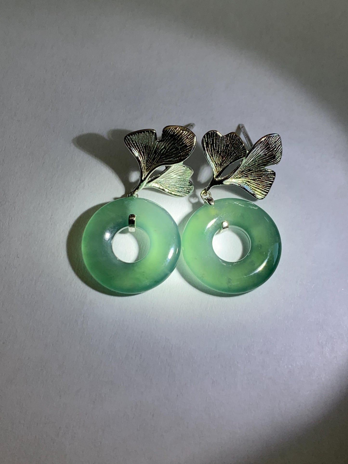 Natural Grade A Guatemalan Icy Teal Green Jade Jadeite Ping An Kou Donut Ginkgo Leaf Earrings Sterling Silver 天然冰危蓝绿翡翠平安扣银杏叶耳钉 WQK110