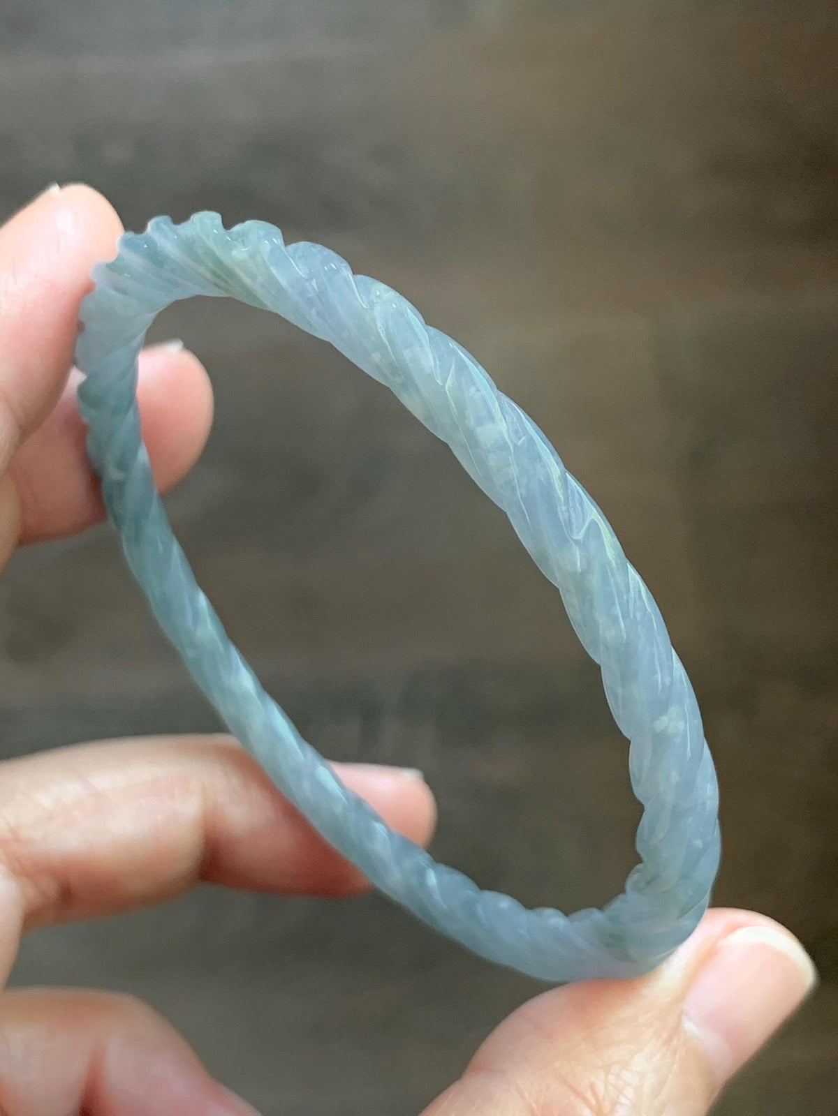 Certified Natural Grade A Guatemalan Icy Translucent Pastel Dusty Blue Jade Jadeite Carved Braid Slim Bangle 57.8mm 7.14” 天然冰危浅灰蓝翡翠细麻花手镯 193
