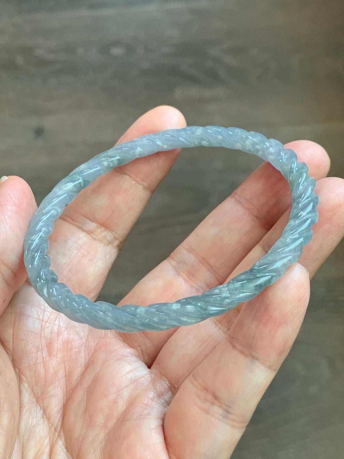 Certified Natural Grade A Guatemalan Icy Translucent Pastel Dusty Blue Jade Jadeite Carved Braid Slim Bangle 57.8mm 7.14” 天然冰危浅灰蓝翡翠细麻花手镯 193
