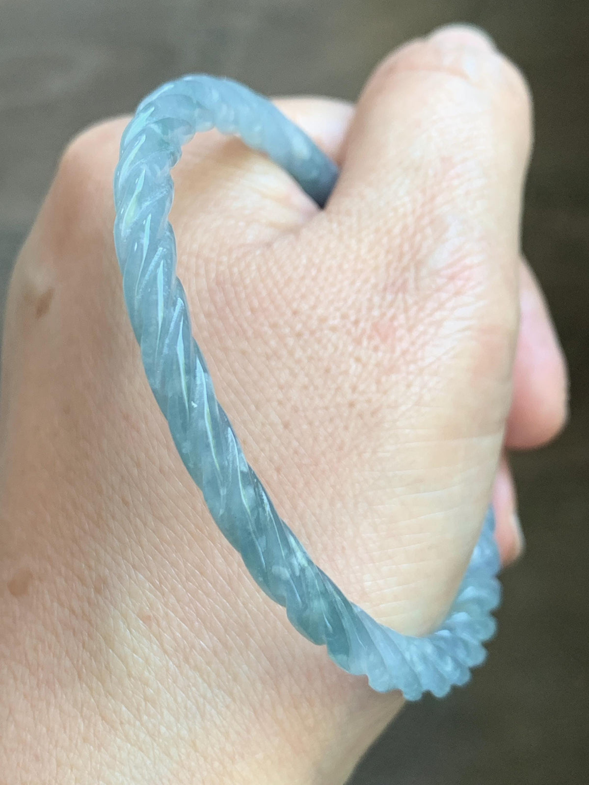 Certified Natural Grade A Guatemalan Icy Translucent Pastel Dusty Blue Jade Jadeite Carved Braid Slim Bangle 57.8mm 7.14” 天然冰危浅灰蓝翡翠细麻花手镯 193