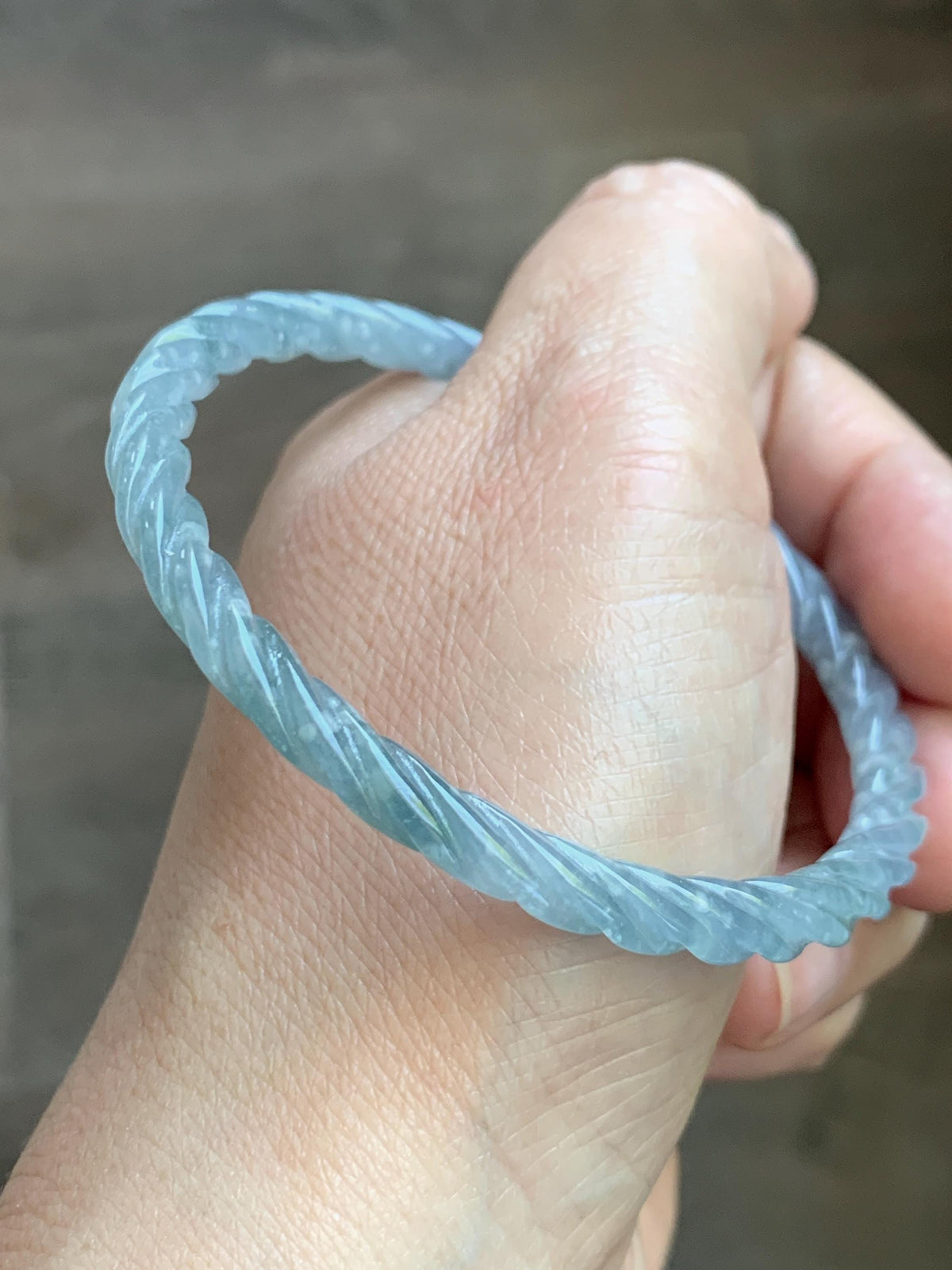 Certified Natural Grade A Guatemalan Icy Translucent Pastel Dusty Blue Jade Jadeite Carved Braid Slim Bangle 57.8mm 7.14” 天然冰危浅灰蓝翡翠细麻花手镯 193