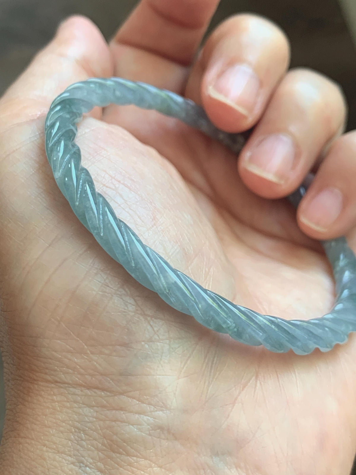 Certified Natural Grade A Guatemalan Icy Translucent Pastel Dusty Blue Jade Jadeite Carved Braid Slim Bangle 57.8mm 7.14” 天然冰危浅灰蓝翡翠细麻花手镯 193