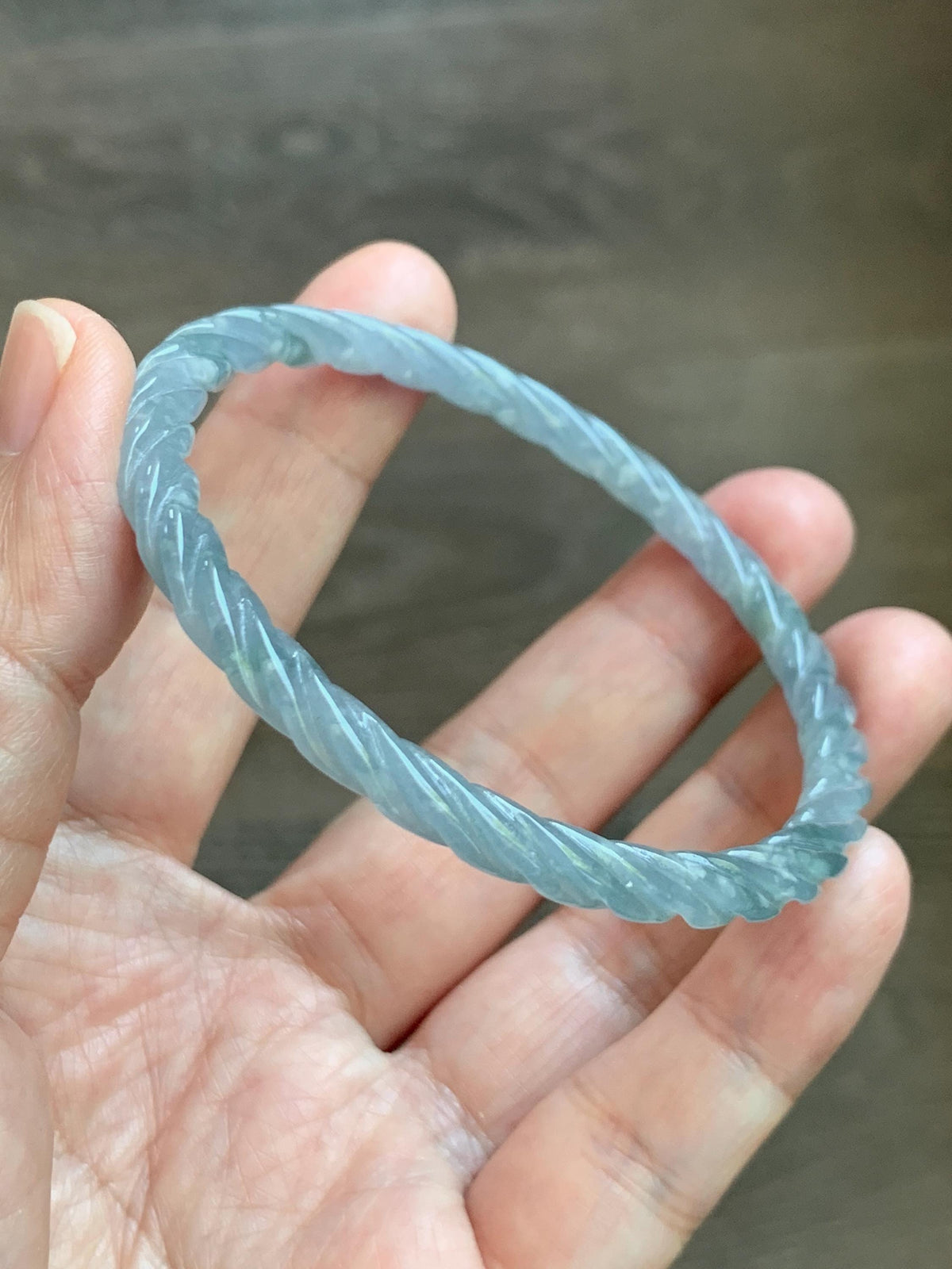 Certified Natural Grade A Guatemalan Icy Translucent Pastel Dusty Blue Jade Jadeite Carved Braid Slim Bangle 57.8mm 7.14” 天然冰危浅灰蓝翡翠细麻花手镯 193