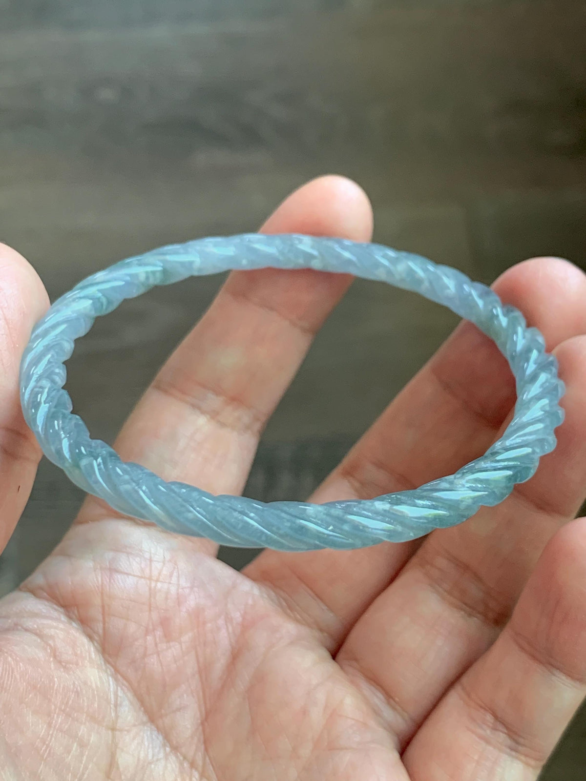 Certified Natural Grade A Guatemalan Icy Translucent Pastel Dusty Blue Jade Jadeite Carved Braid Slim Bangle 57.8mm 7.14” 天然冰危浅灰蓝翡翠细麻花手镯 193