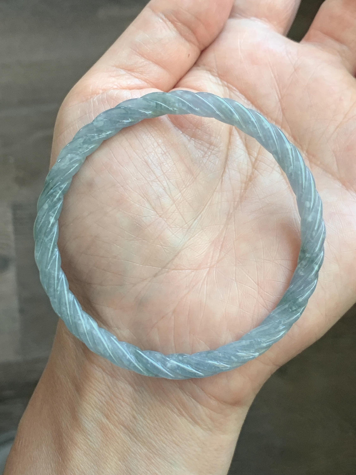 Certified Natural Grade A Guatemalan Icy Translucent Pastel Dusty Blue Jade Jadeite Carved Braid Slim Bangle 57.8mm 7.14” 天然冰危浅灰蓝翡翠细麻花手镯 193