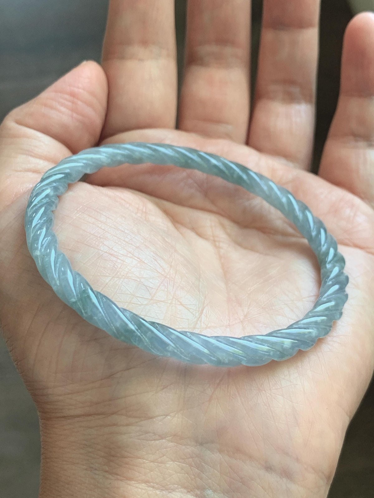 Certified Natural Grade A Guatemalan Icy Translucent Pastel Dusty Blue Jade Jadeite Carved Braid Slim Bangle 57.8mm 7.14” 天然冰危浅灰蓝翡翠细麻花手镯 193