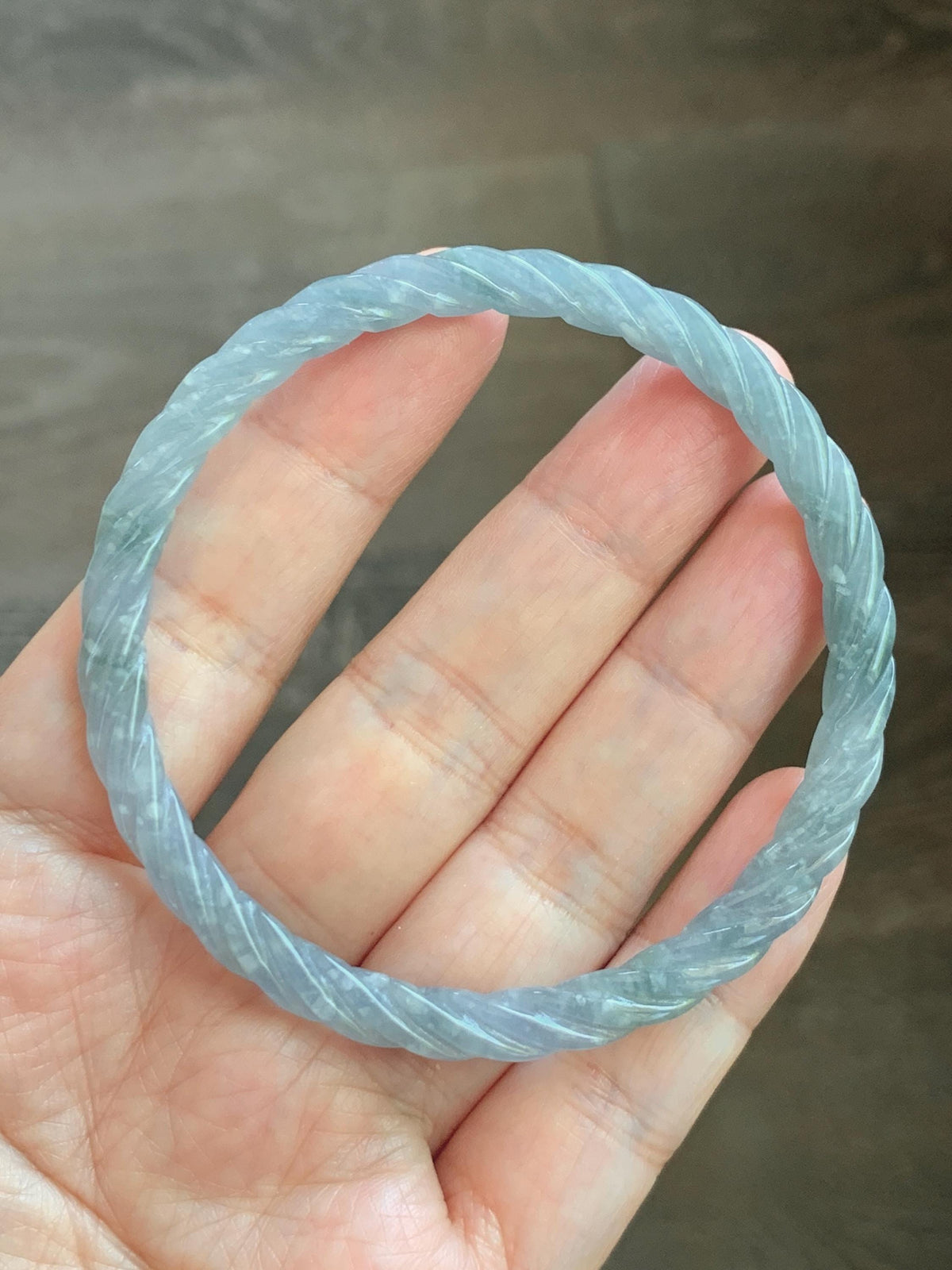 Certified Natural Grade A Guatemalan Icy Translucent Pastel Dusty Blue Jade Jadeite Carved Braid Slim Bangle 57.8mm 7.14” 天然冰危浅灰蓝翡翠细麻花手镯 193