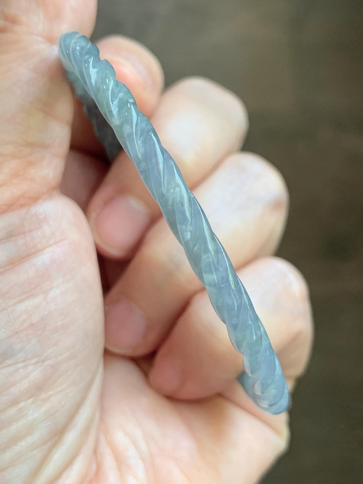 Certified Natural Grade A Guatemalan Icy Translucent Pastel Dusty Blue Jade Jadeite Carved Braid Slim Bangle 57.8mm 7.14” 天然冰危浅灰蓝翡翠细麻花手镯 193