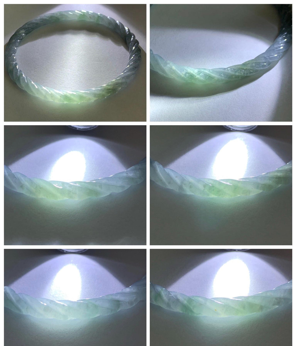 Certified Natural Grade A Guatemalan Icy Translucent Pastel Dusty Blue Jade Jadeite Carved Braid Slim Bangle 60mm 7.4” 天然冰危浅灰蓝翡翠细麻花手镯 194