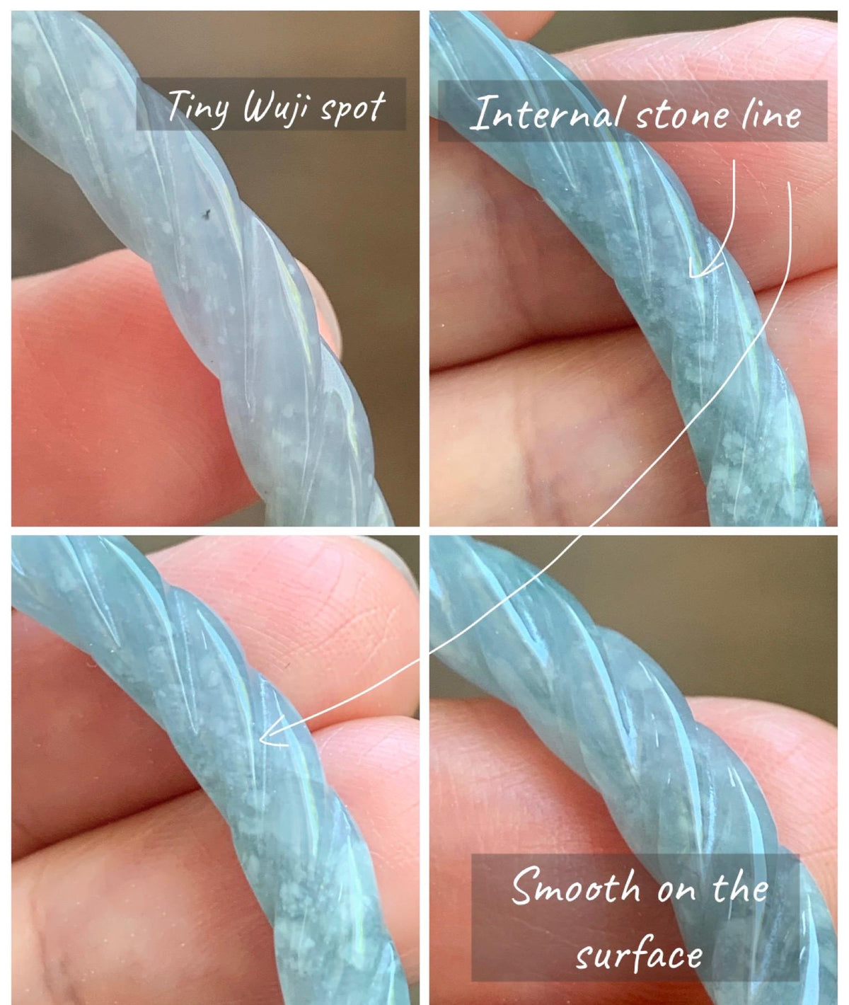 Certified Natural Grade A Guatemalan Icy Translucent Pastel Dusty Blue Jade Jadeite Carved Braid Slim Bangle 60mm 7.4” 天然冰危浅灰蓝翡翠细麻花手镯 194