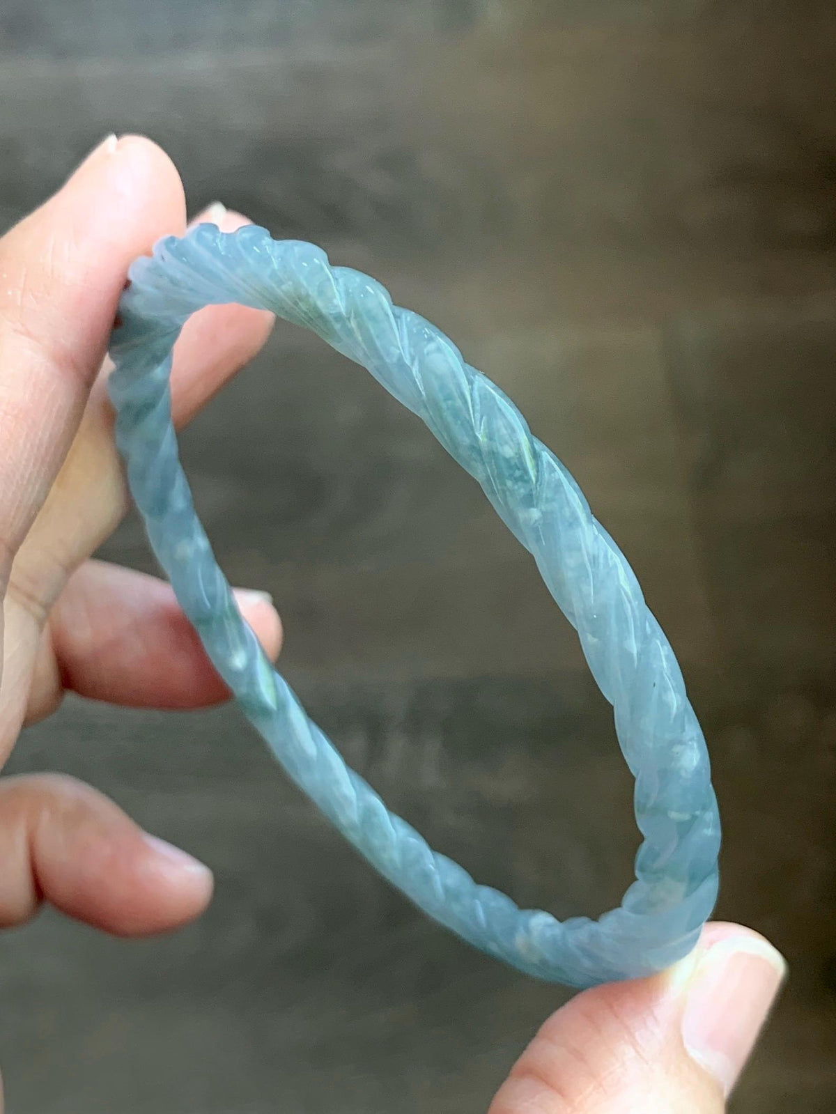 Certified Natural Grade A Guatemalan Icy Translucent Pastel Dusty Blue Jade Jadeite Carved Braid Slim Bangle 60mm 7.4” 天然冰危浅灰蓝翡翠细麻花手镯 194