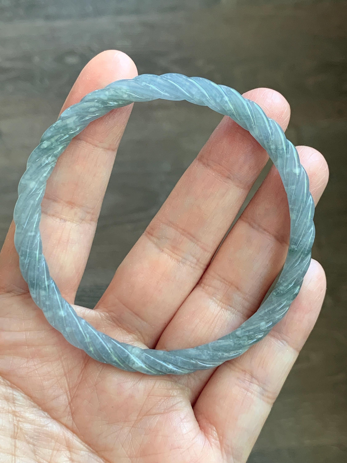 Certified Natural Grade A Guatemalan Icy Translucent Pastel Dusty Blue Jade Jadeite Carved Braid Slim Bangle 60mm 7.4” 天然冰危浅灰蓝翡翠细麻花手镯 194