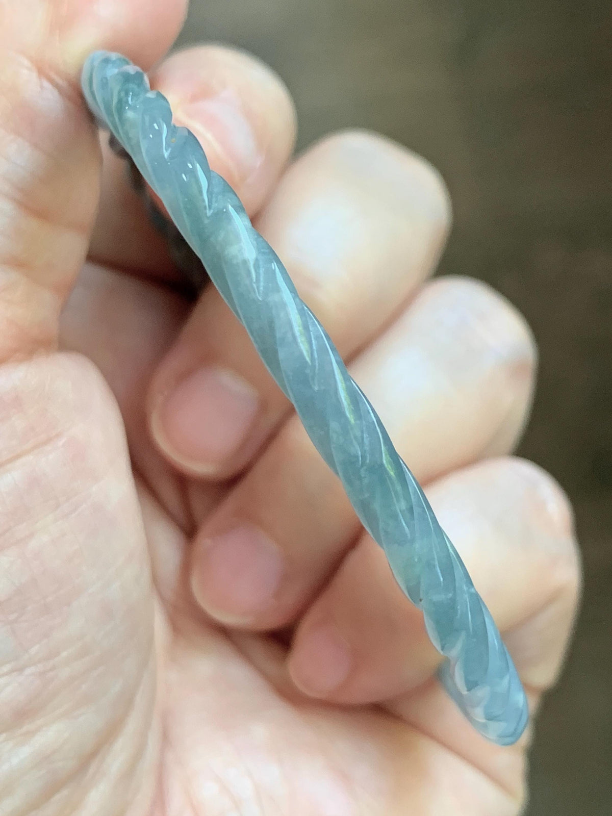 Certified Natural Grade A Guatemalan Icy Translucent Pastel Dusty Blue Jade Jadeite Carved Braid Slim Bangle 60mm 7.4” 天然冰危浅灰蓝翡翠细麻花手镯 194