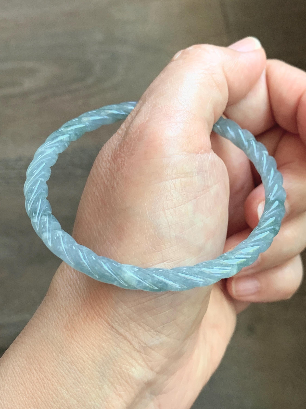 Certified Natural Grade A Guatemalan Icy Translucent Pastel Dusty Blue Jade Jadeite Carved Braid Slim Bangle 60mm 7.4” 天然冰危浅灰蓝翡翠细麻花手镯 194