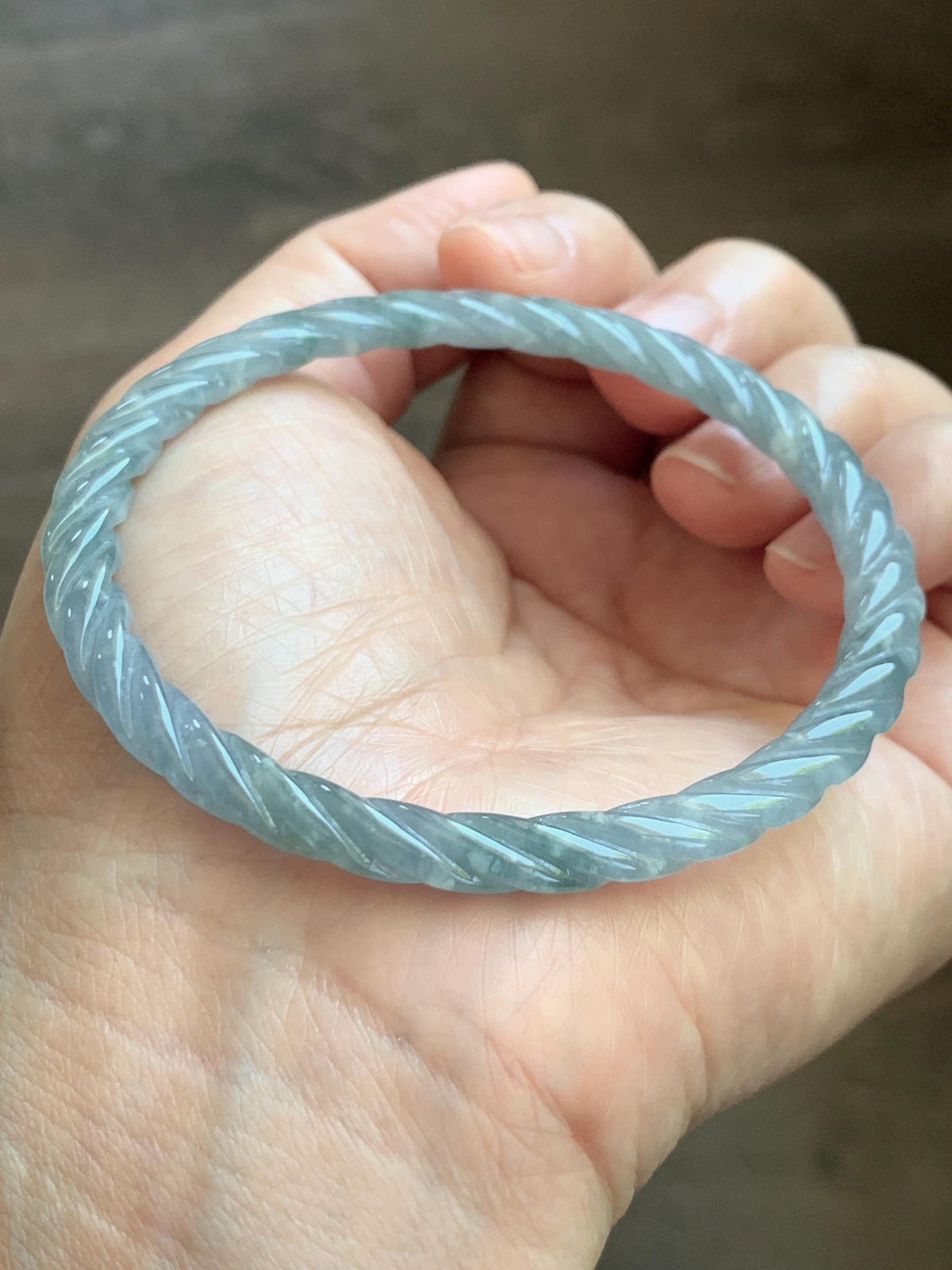 Certified Natural Grade A Guatemalan Icy Translucent Pastel Dusty Blue Jade Jadeite Carved Braid Slim Bangle 60mm 7.4” 天然冰危浅灰蓝翡翠细麻花手镯 194