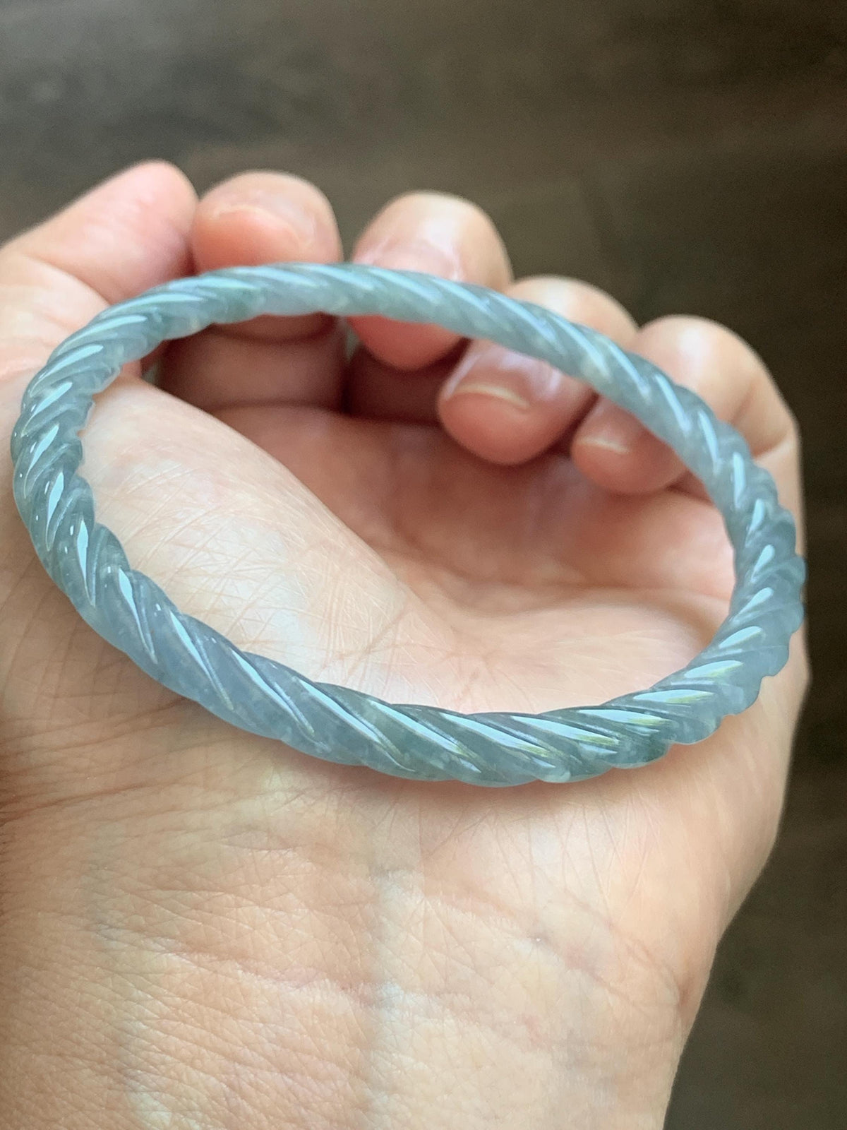 Certified Natural Grade A Guatemalan Icy Translucent Pastel Dusty Blue Jade Jadeite Carved Braid Slim Bangle 60mm 7.4” 天然冰危浅灰蓝翡翠细麻花手镯 194