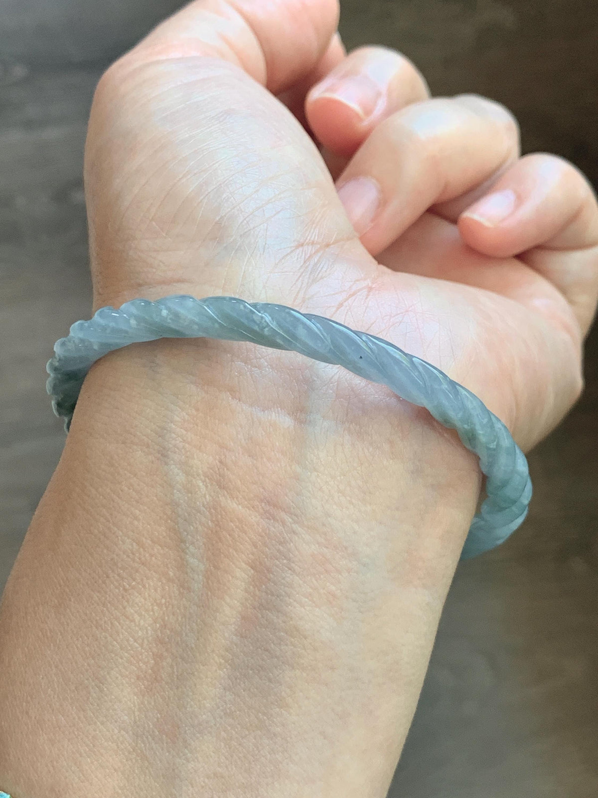 Certified Natural Grade A Guatemalan Icy Translucent Pastel Dusty Blue Jade Jadeite Carved Braid Slim Bangle 60mm 7.4” 天然冰危浅灰蓝翡翠细麻花手镯 194