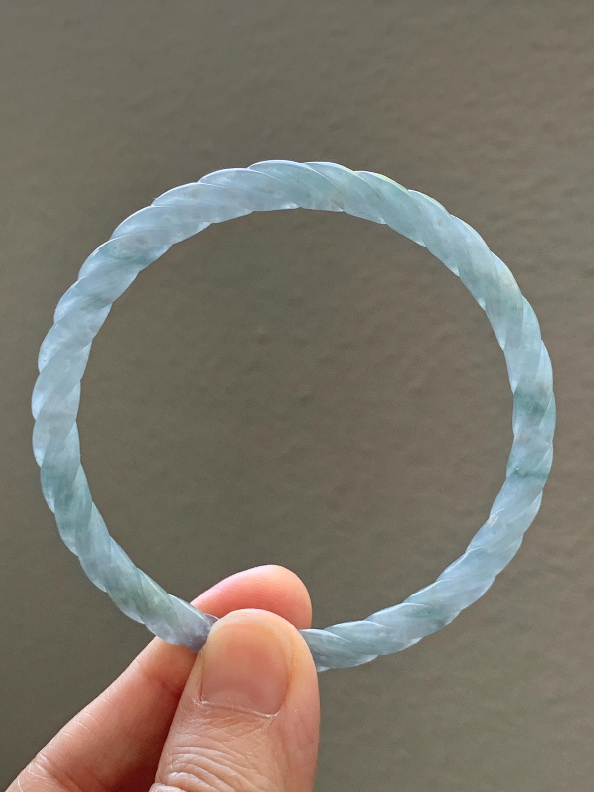 Certified Natural Grade A Guatemalan Icy Translucent Pastel Dusty Blue Jade Jadeite Carved Braid Slim Bangle 60mm 7.4” 天然冰危浅灰蓝翡翠细麻花手镯 194